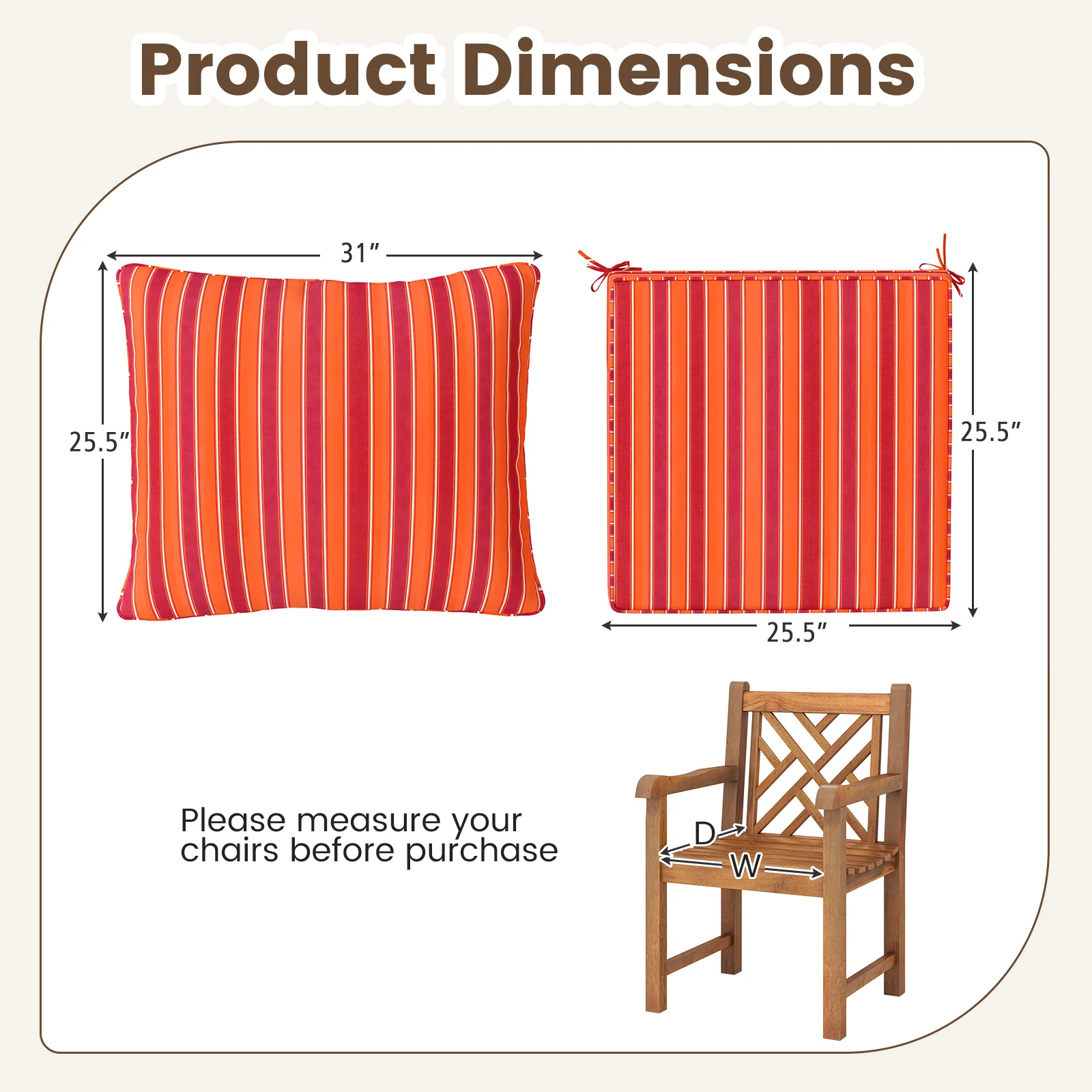 Deep Seat Chair Cushion Pads Set, With Rope Belts, Orange - Image 6