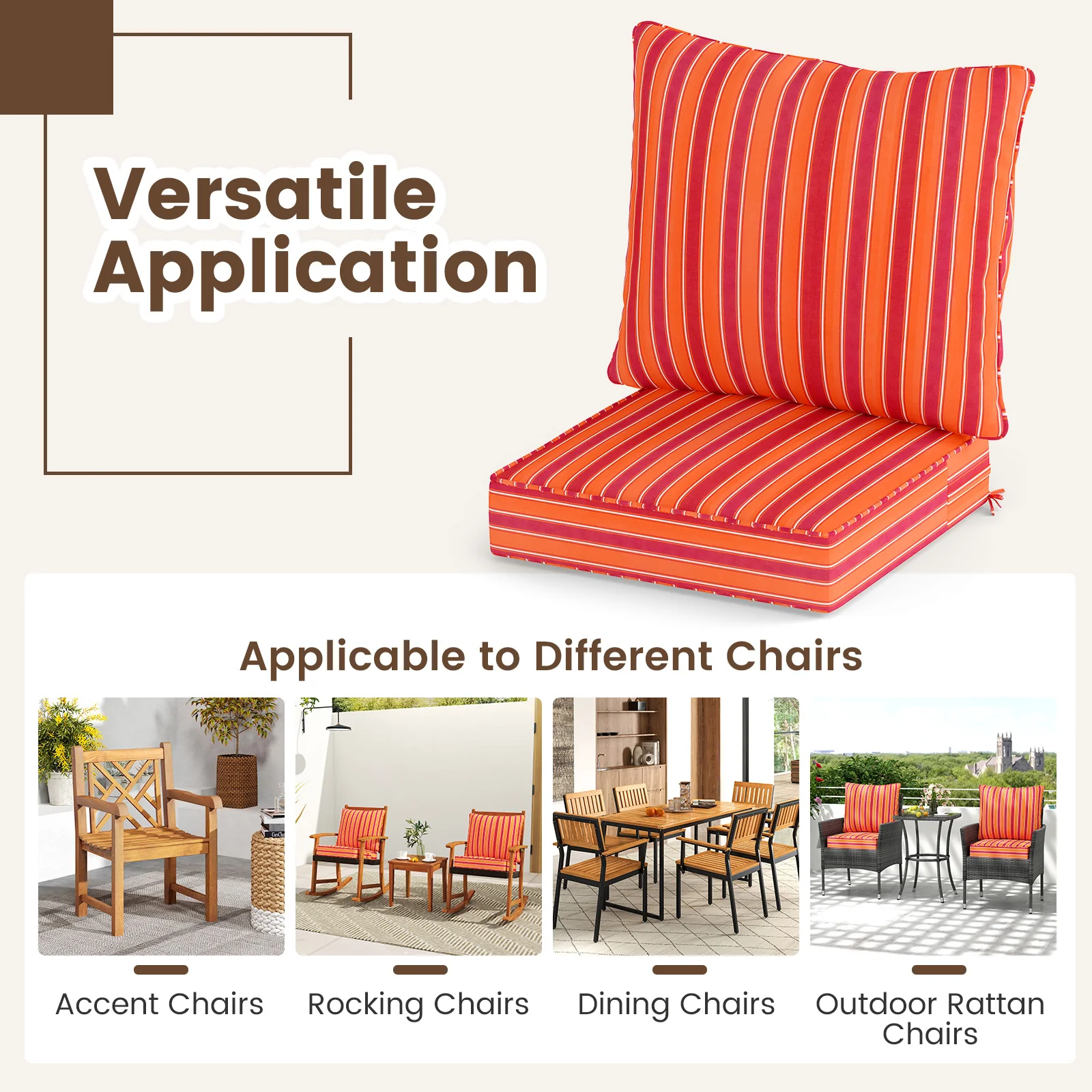 Deep Seat Chair Cushion Pads Set, With Rope Belts, Orange - Image 9