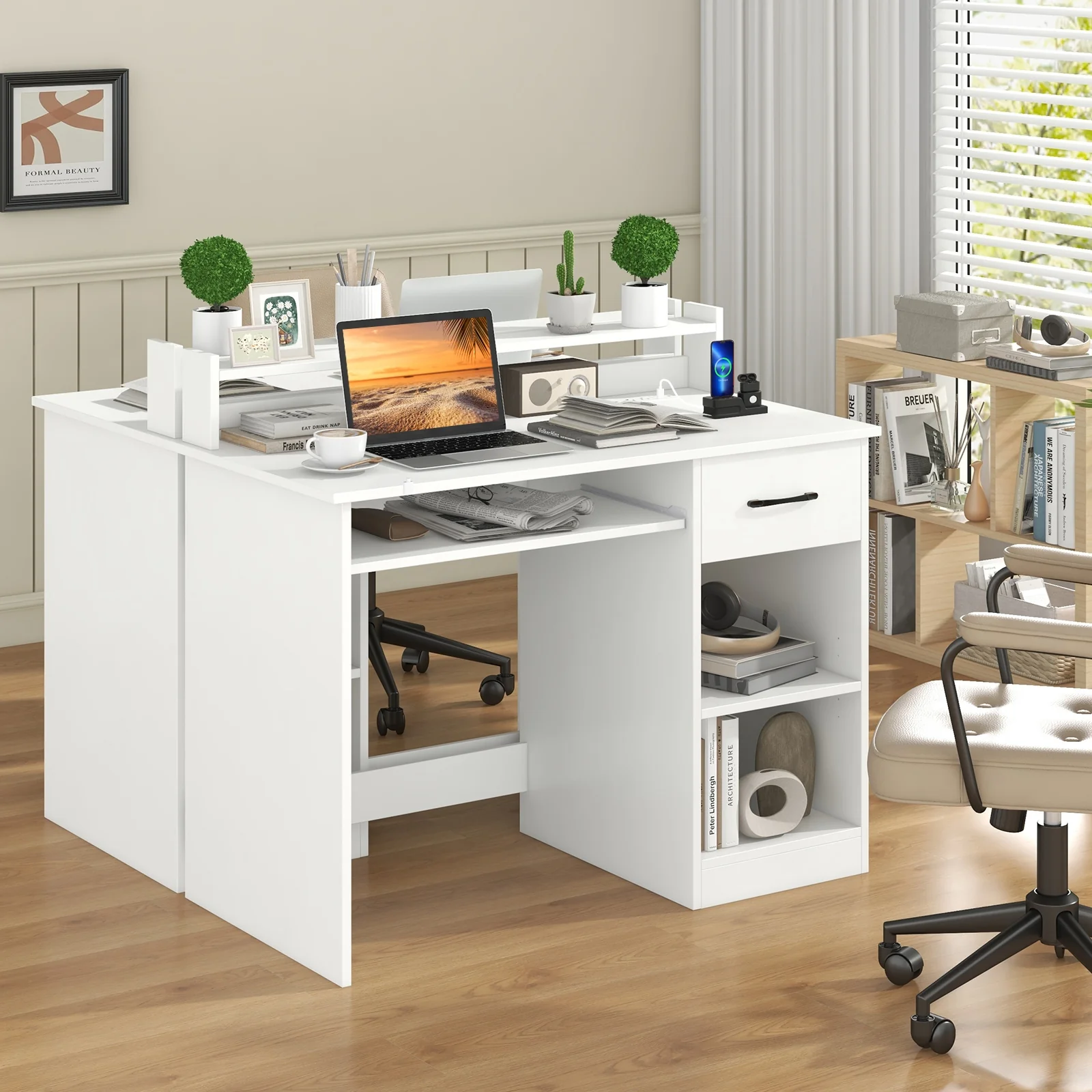 Desk With Charging Station, Adjustable Shelf, White - Image 3