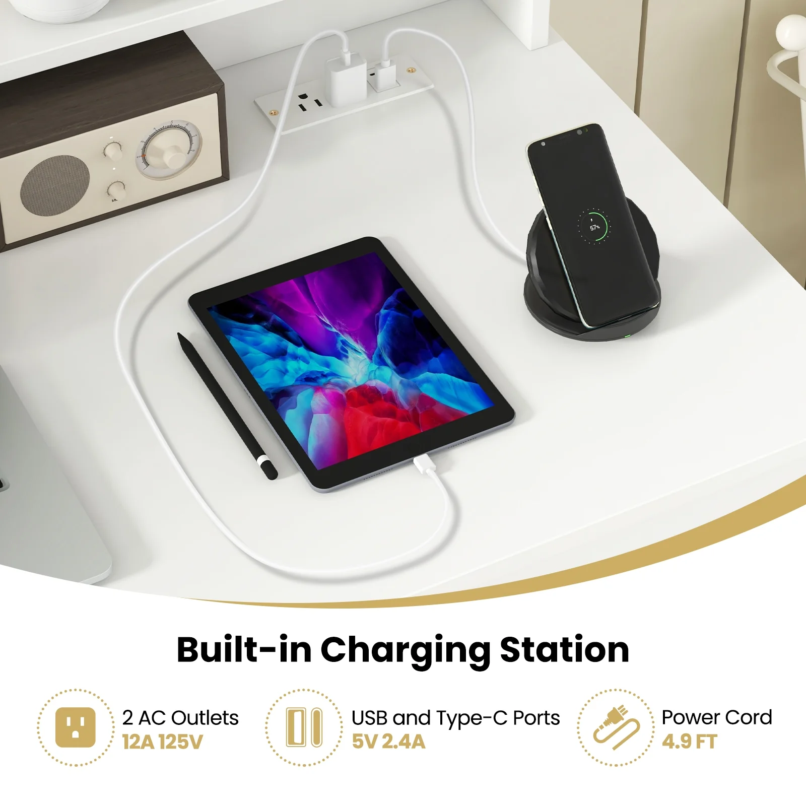 Desk With Charging Station, Adjustable Shelf, White - Image 7