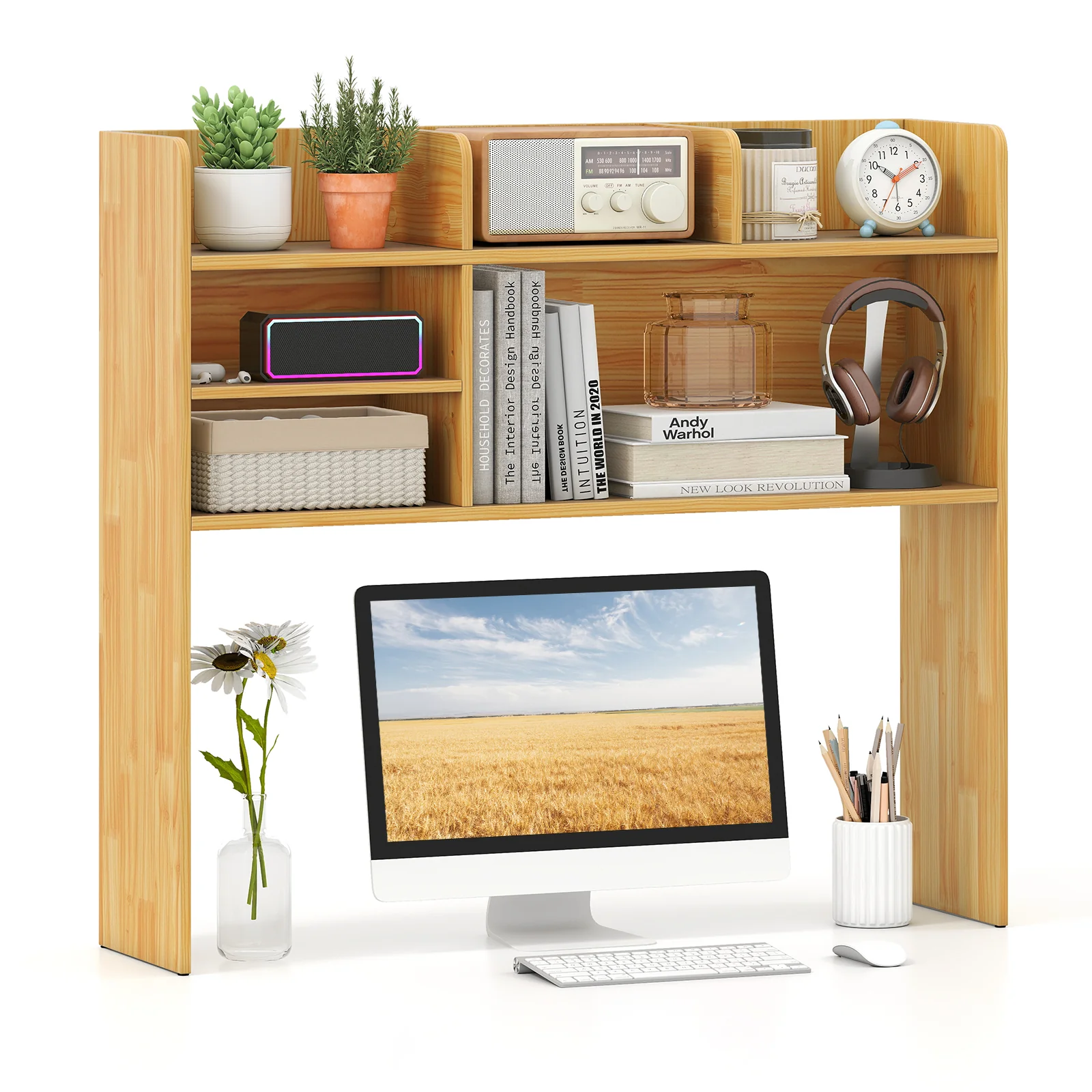 Desktop Bookshelf Countertop Storage Hutch with 6 Shelves, Beige