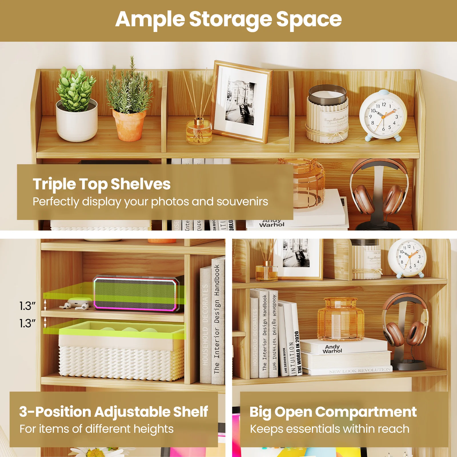 Desktop Bookshelf Countertop Storage Hutch with 6 Shelves, Beige - Image 10