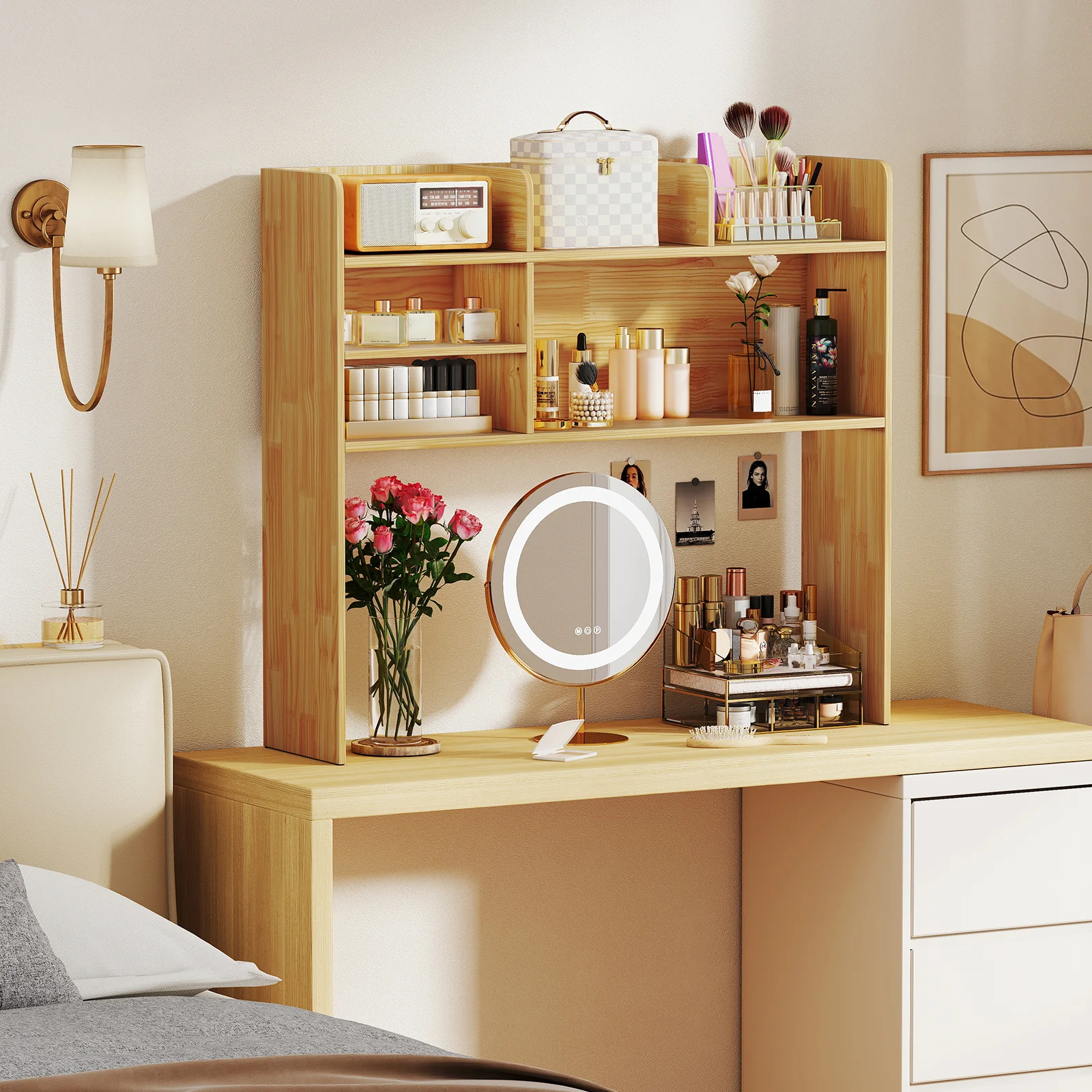 Desktop Bookshelf Countertop Storage Hutch with 6 Shelves, Beige - Image 2