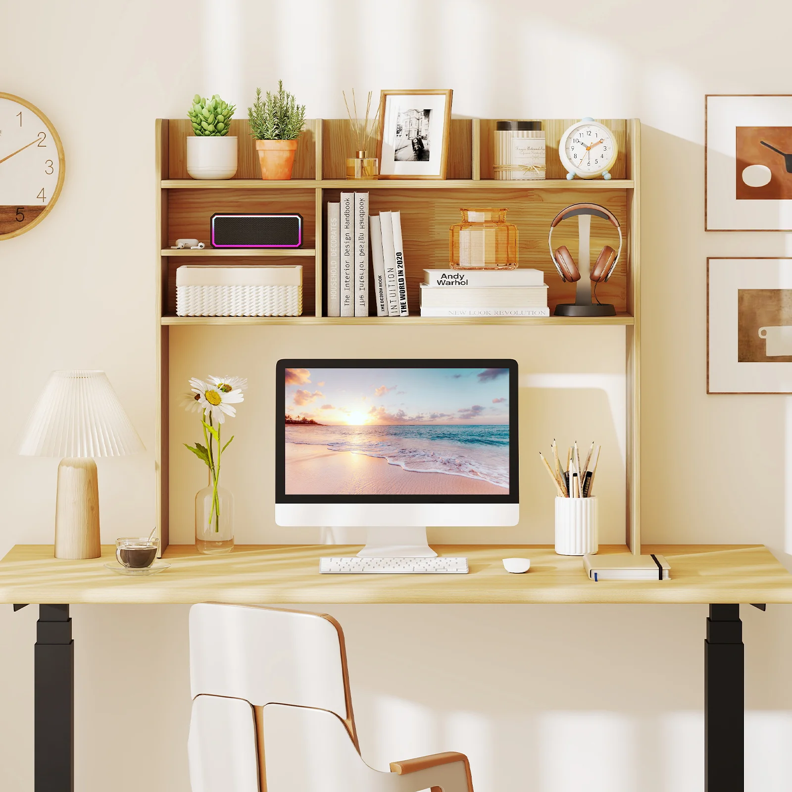 Desktop Bookshelf Countertop Storage Hutch with 6 Shelves, Beige - Image 3
