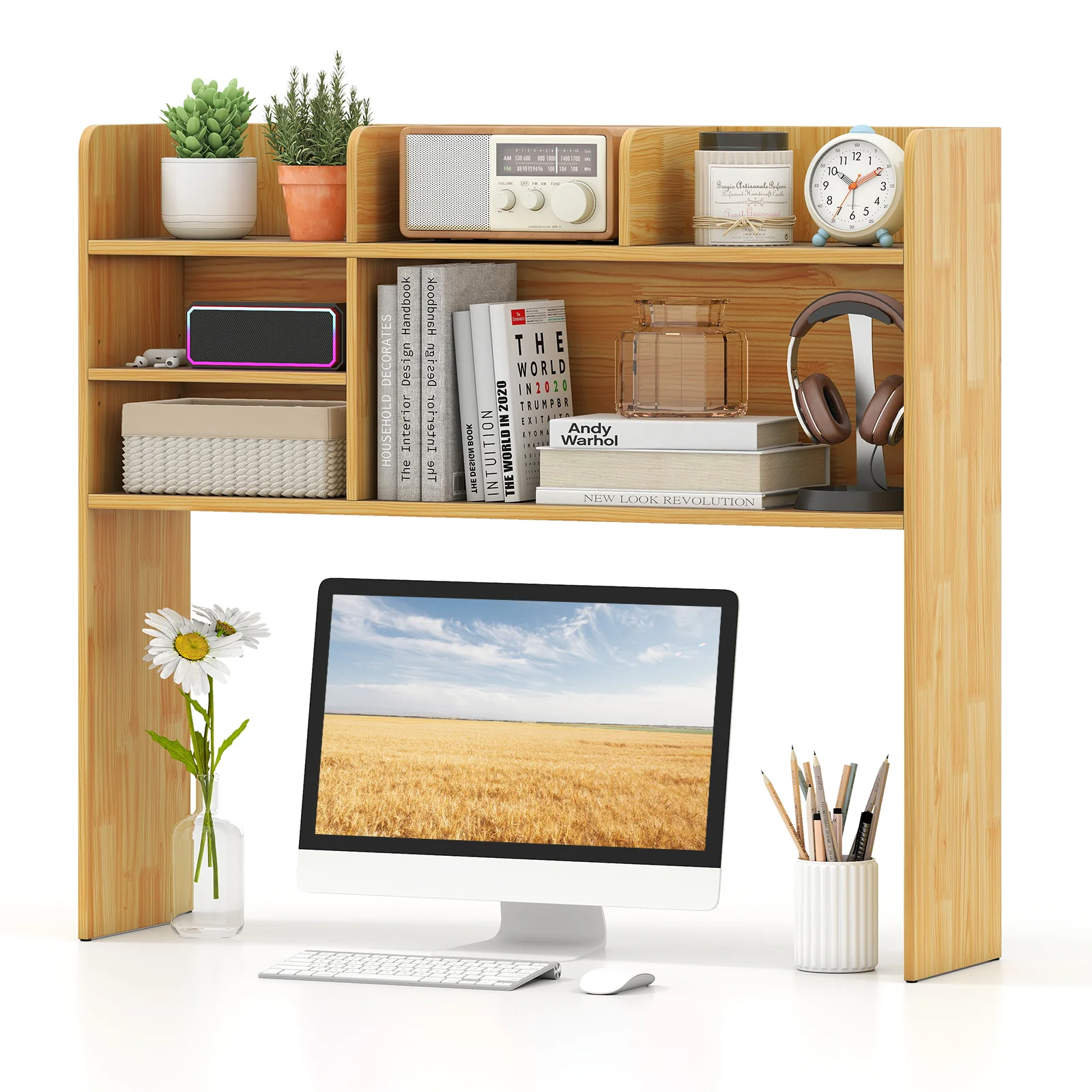 Desktop Bookshelf Countertop Storage Hutch with 6 Shelves, Beige - Image 5