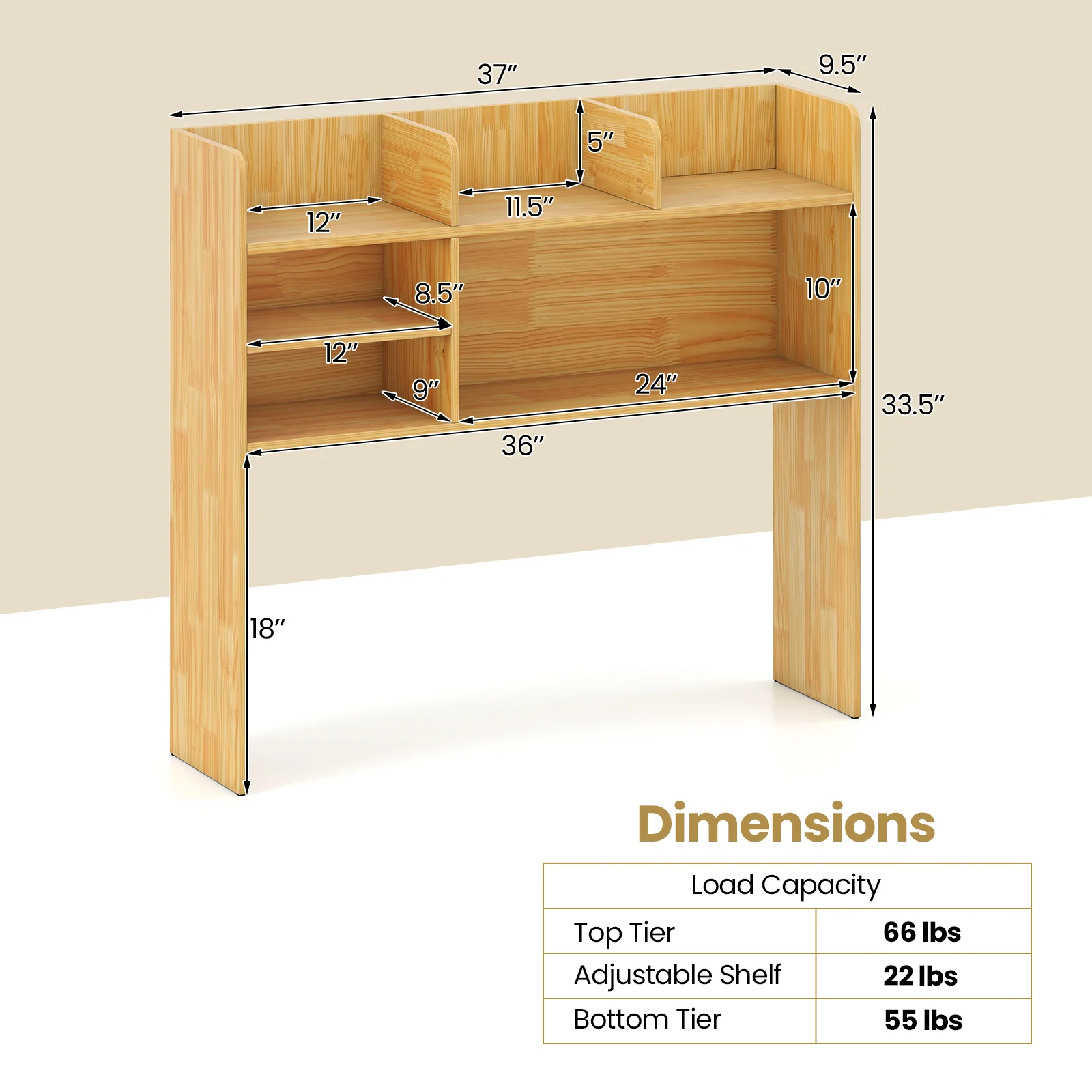 Desktop Bookshelf Countertop Storage Hutch with 6 Shelves, Beige - Image 6