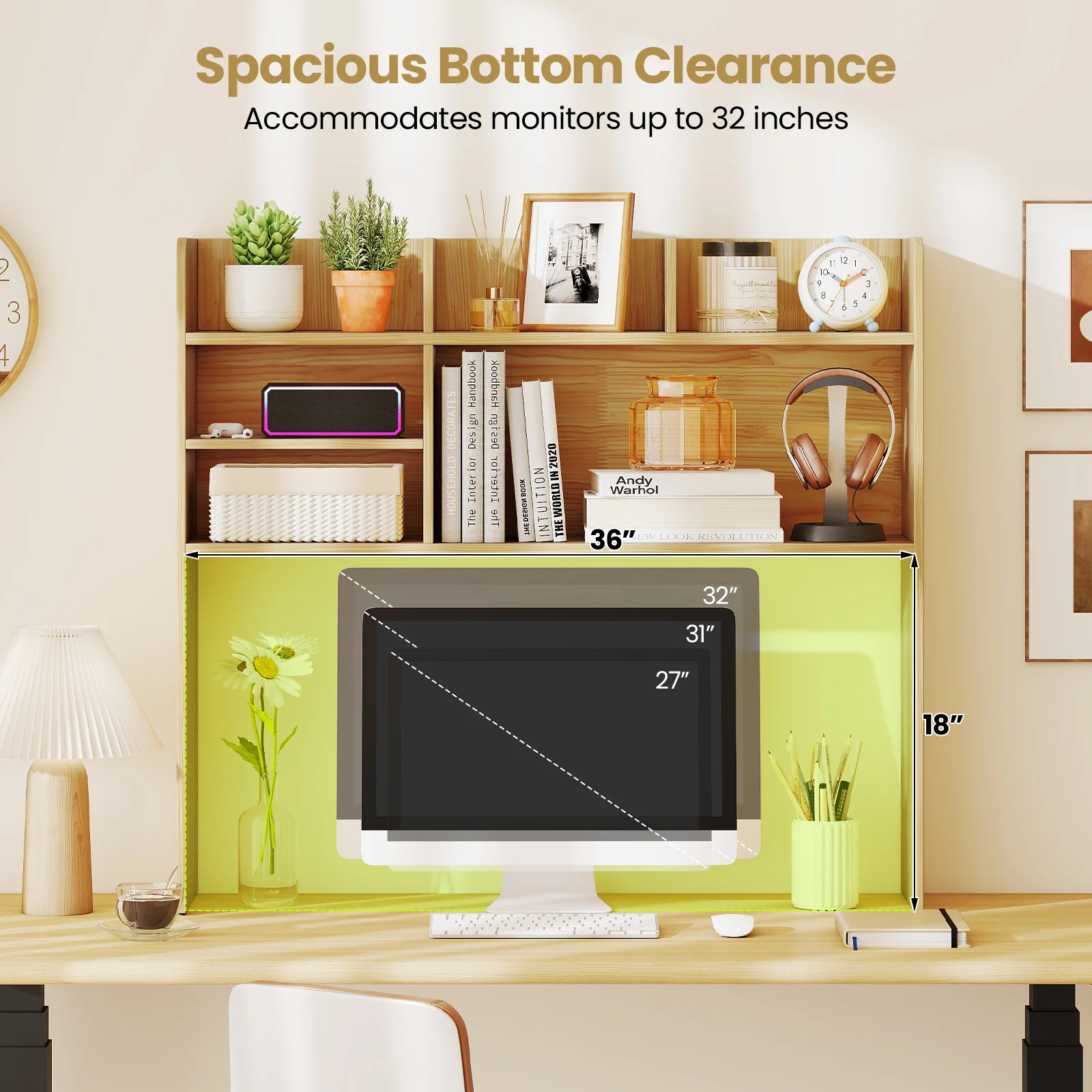 Desktop Bookshelf Countertop Storage Hutch with 6 Shelves, Beige - Image 9