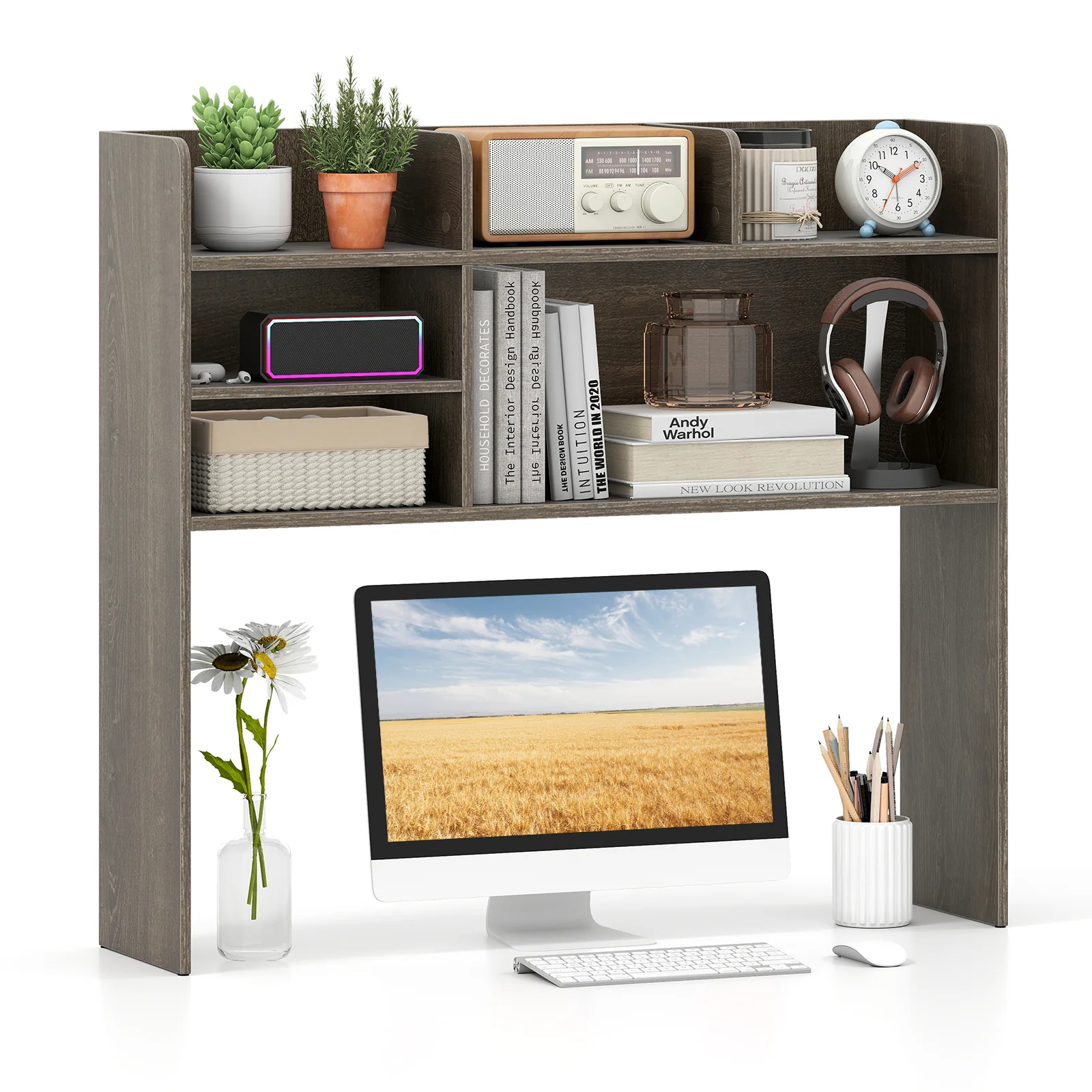 Desktop Bookshelf Countertop Storage Hutch with 6 Shelves, Oak - Image 4