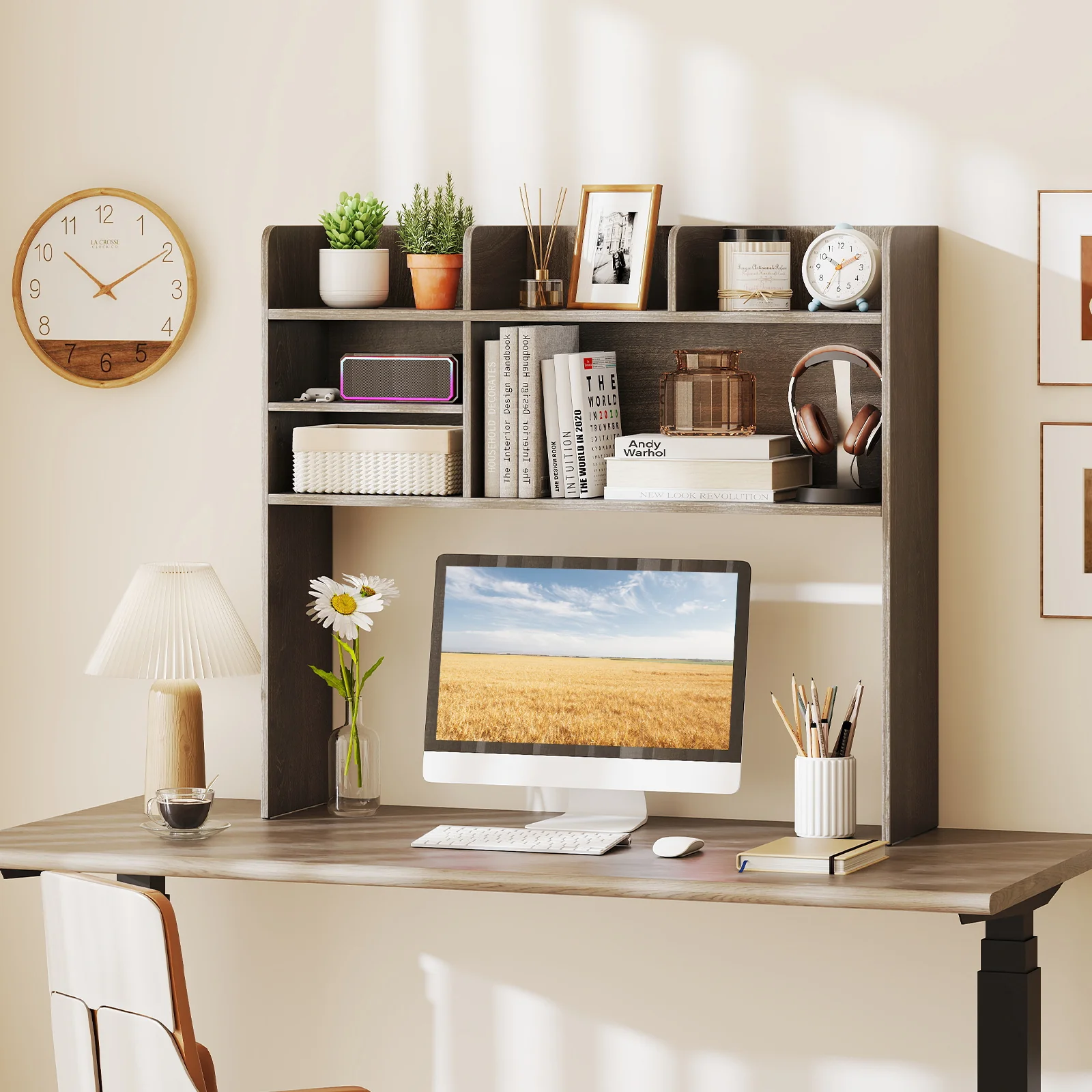 Desktop Bookshelf Countertop Storage Hutch with 6 Shelves, Oak - Image 6