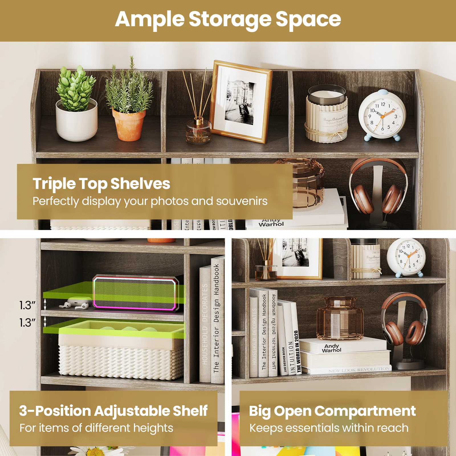 Desktop Bookshelf Countertop Storage Hutch with 6 Shelves, Oak - Image 9