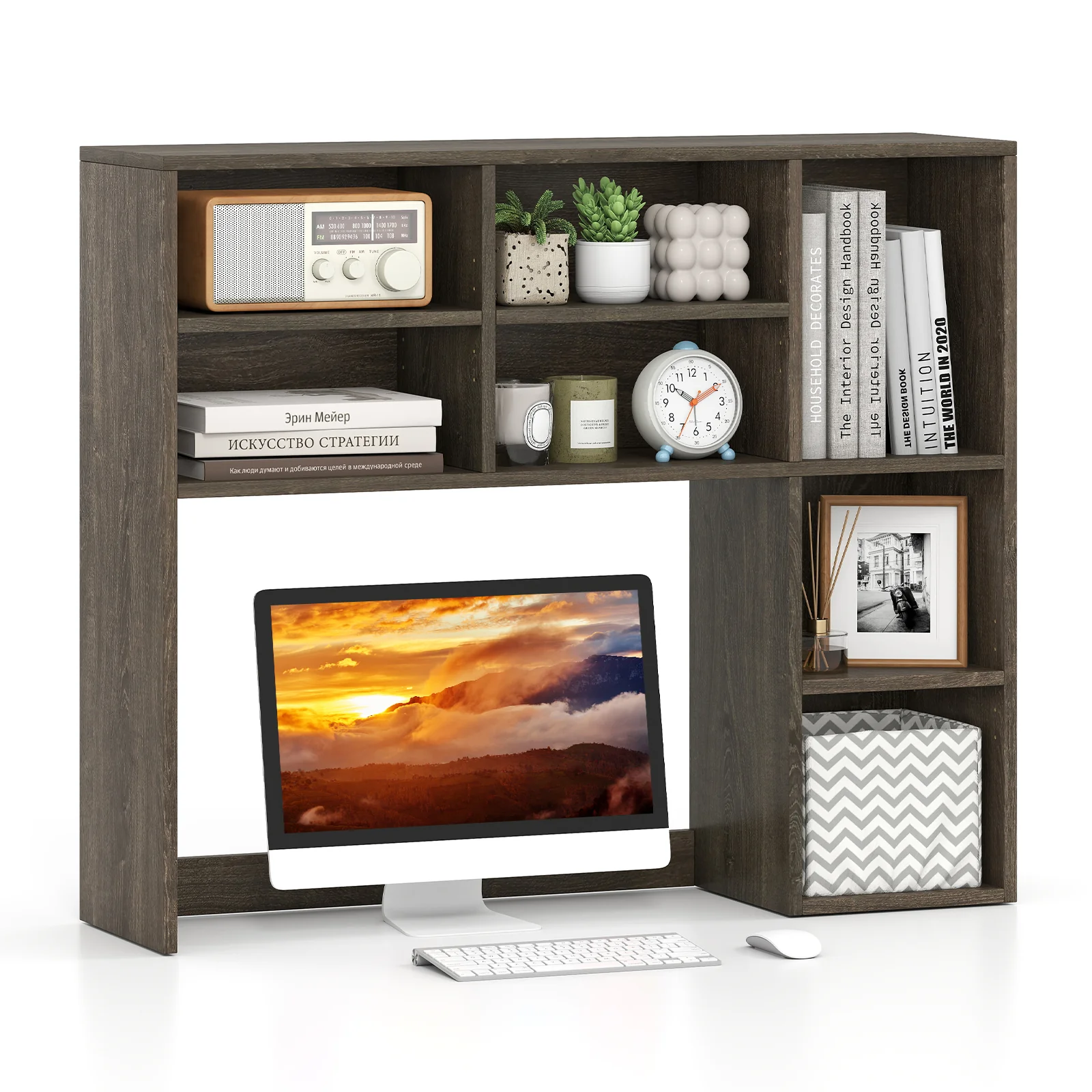 Desktop Bookshelf with 7 Open Cubbies and 3 Adjustable Shelves, Oak - Image 4