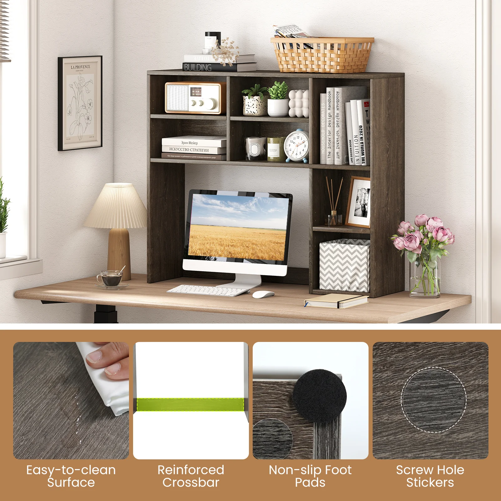 Desktop Bookshelf with 7 Open Cubbies and 3 Adjustable Shelves, Oak - Image 8