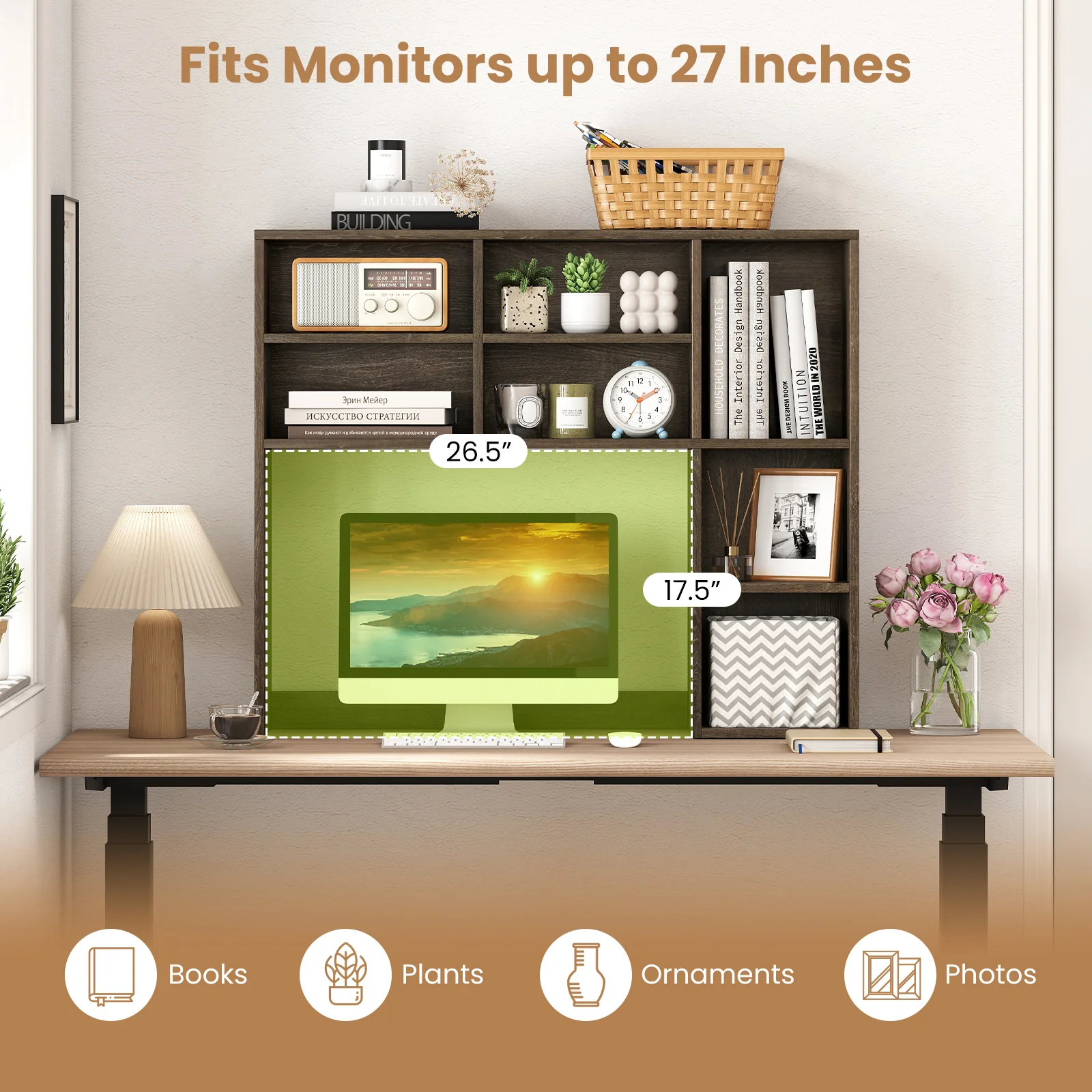 Desktop Bookshelf with 7 Open Cubbies and 3 Adjustable Shelves, Oak - Image 9