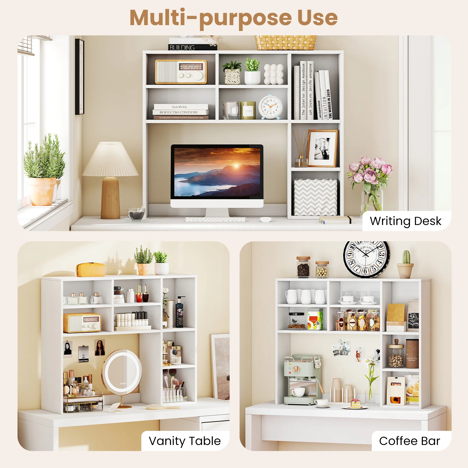 Desktop Bookshelf with 7 Open Cubbies and 3 Adjustable Shelves, White - Image 10