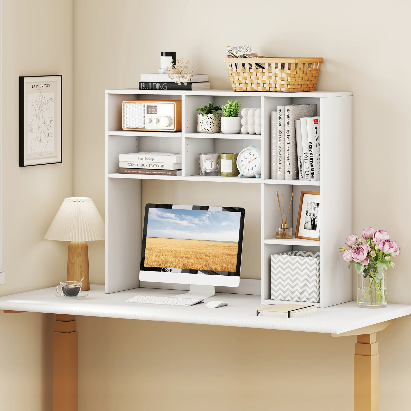 Desktop Bookshelf with 7 Open Cubbies and 3 Adjustable Shelves, White - Image 2