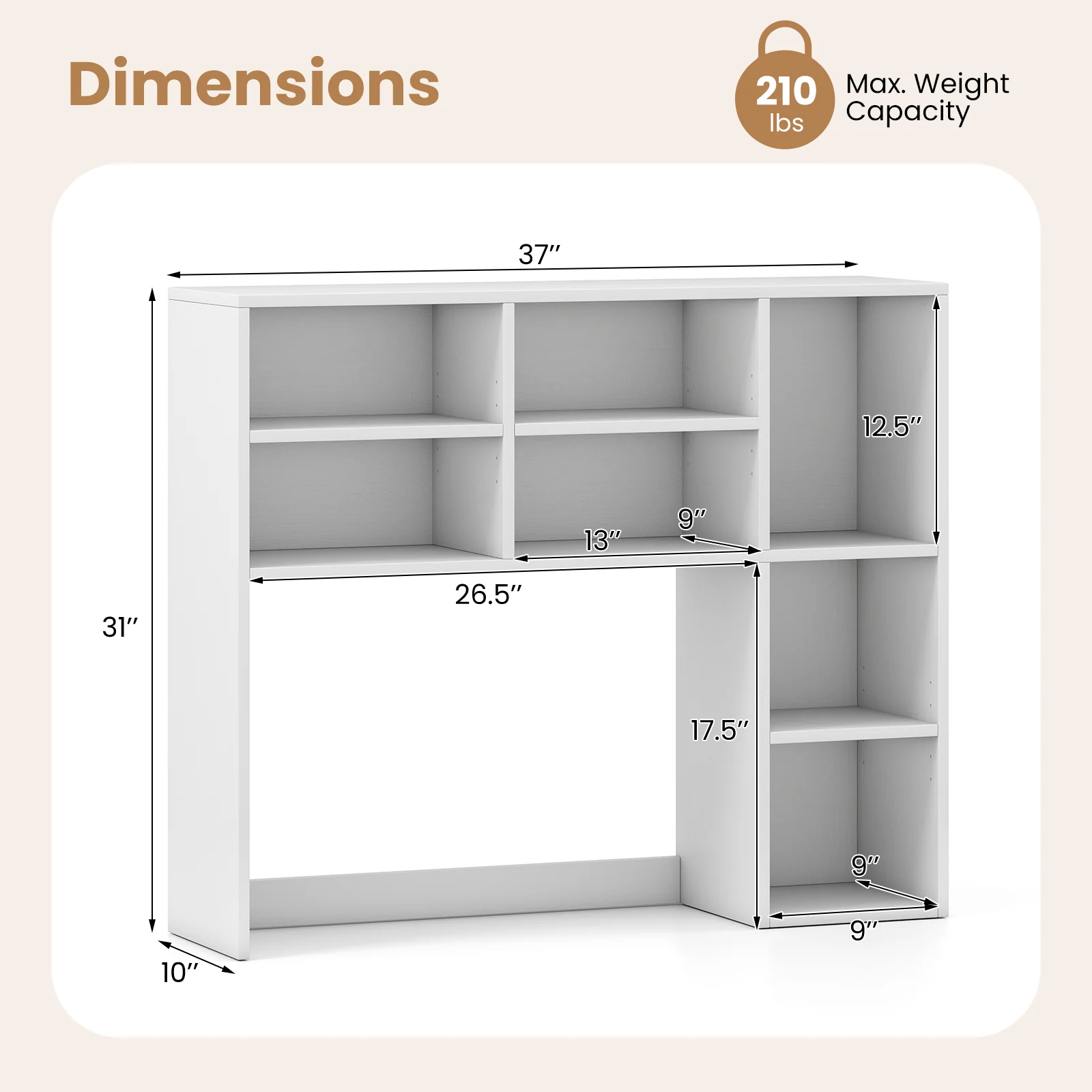 Desktop Bookshelf with 7 Open Cubbies and 3 Adjustable Shelves, White - Image 6
