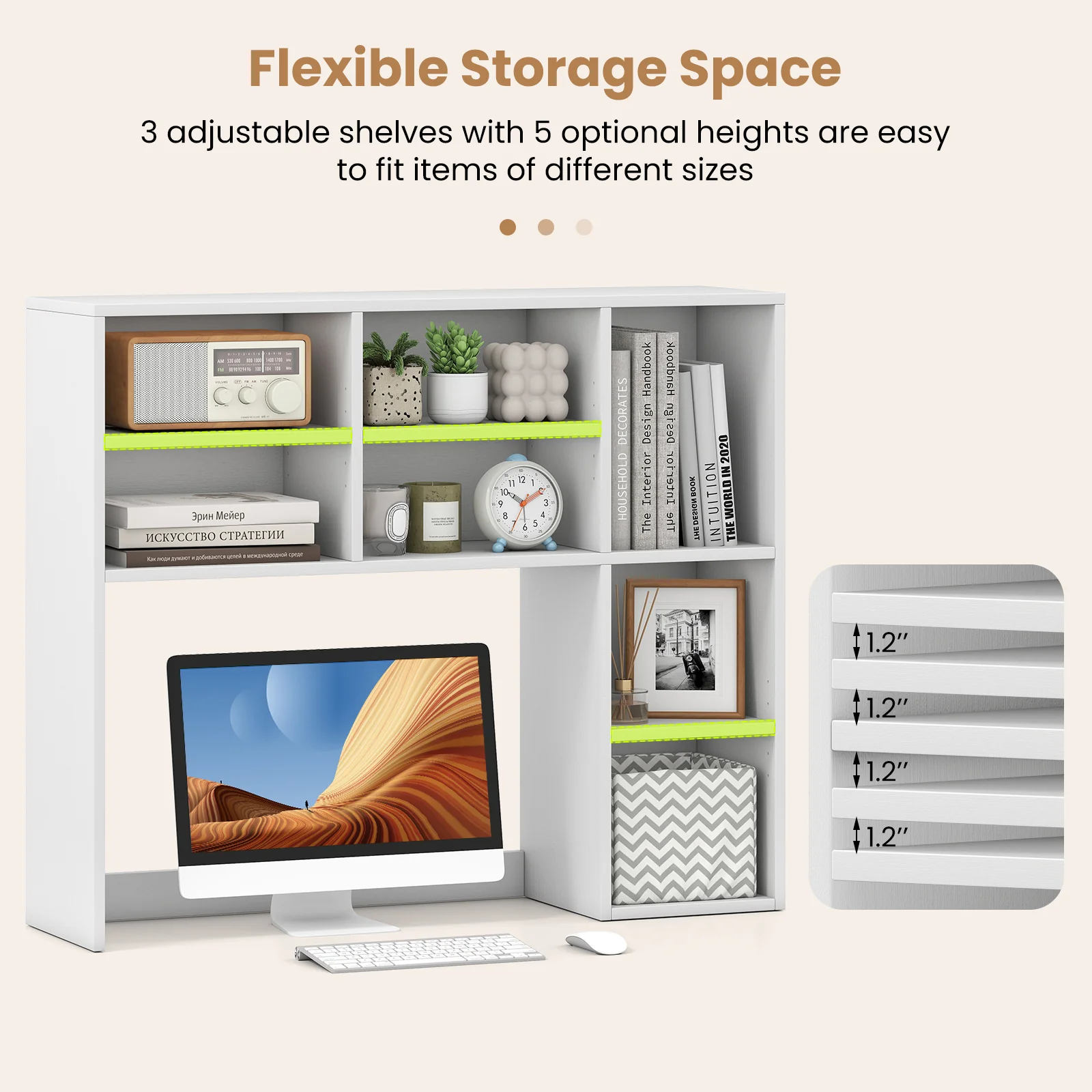 Desktop Bookshelf with 7 Open Cubbies and 3 Adjustable Shelves, White - Image 8