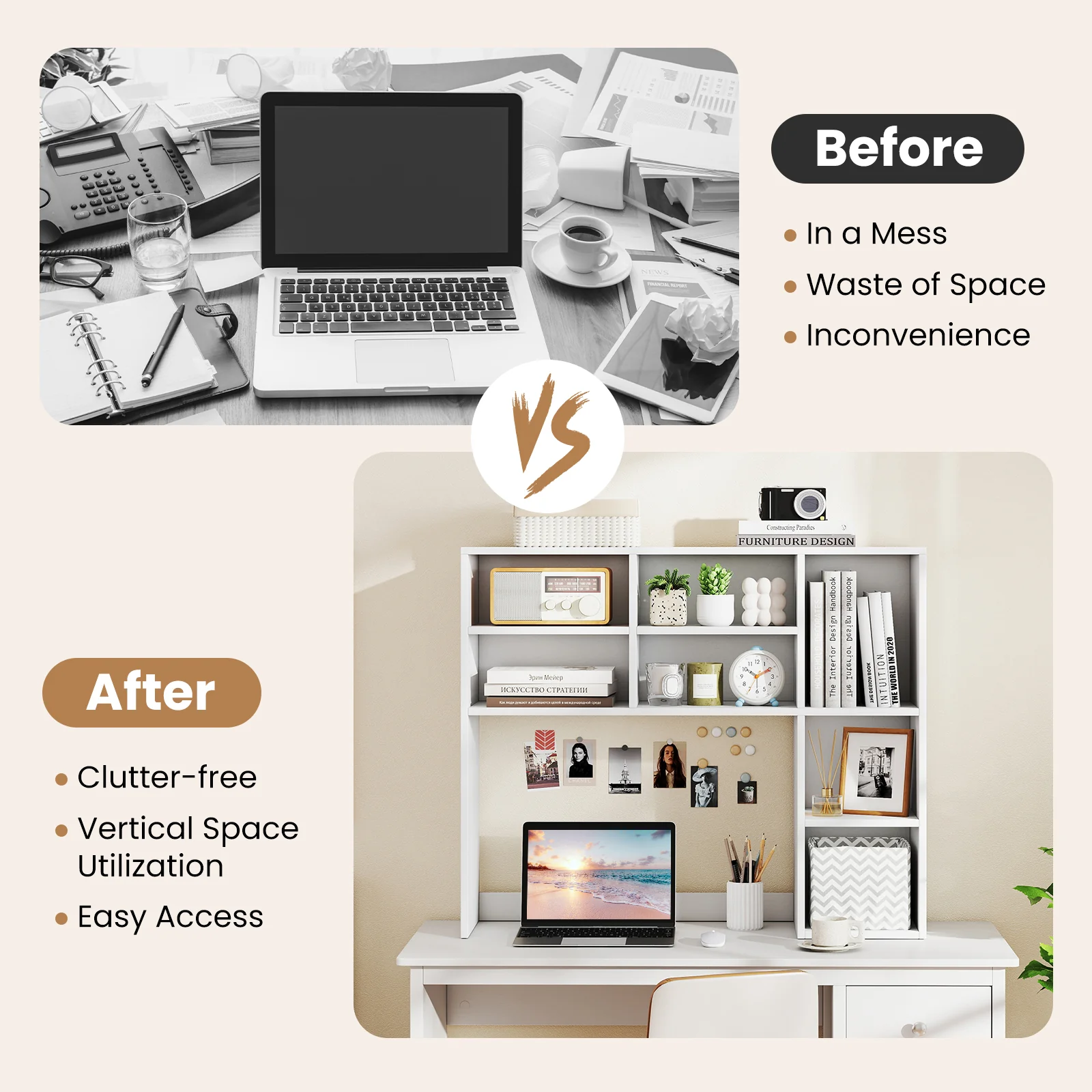 Desktop Bookshelf with 7 Open Cubbies and 3 Adjustable Shelves, White - Image 9