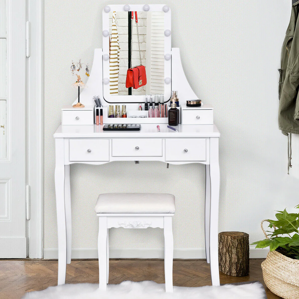 Dimmable Light Bulbs Vanity Dressing Table, 2 Dividers, Cushioned Stool, White - Image 3