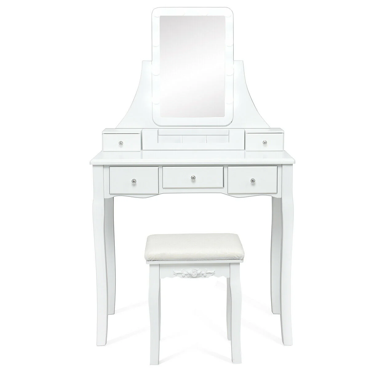 Dimmable Light Bulbs Vanity Dressing Table, 2 Dividers, Cushioned Stool, White - Image 4
