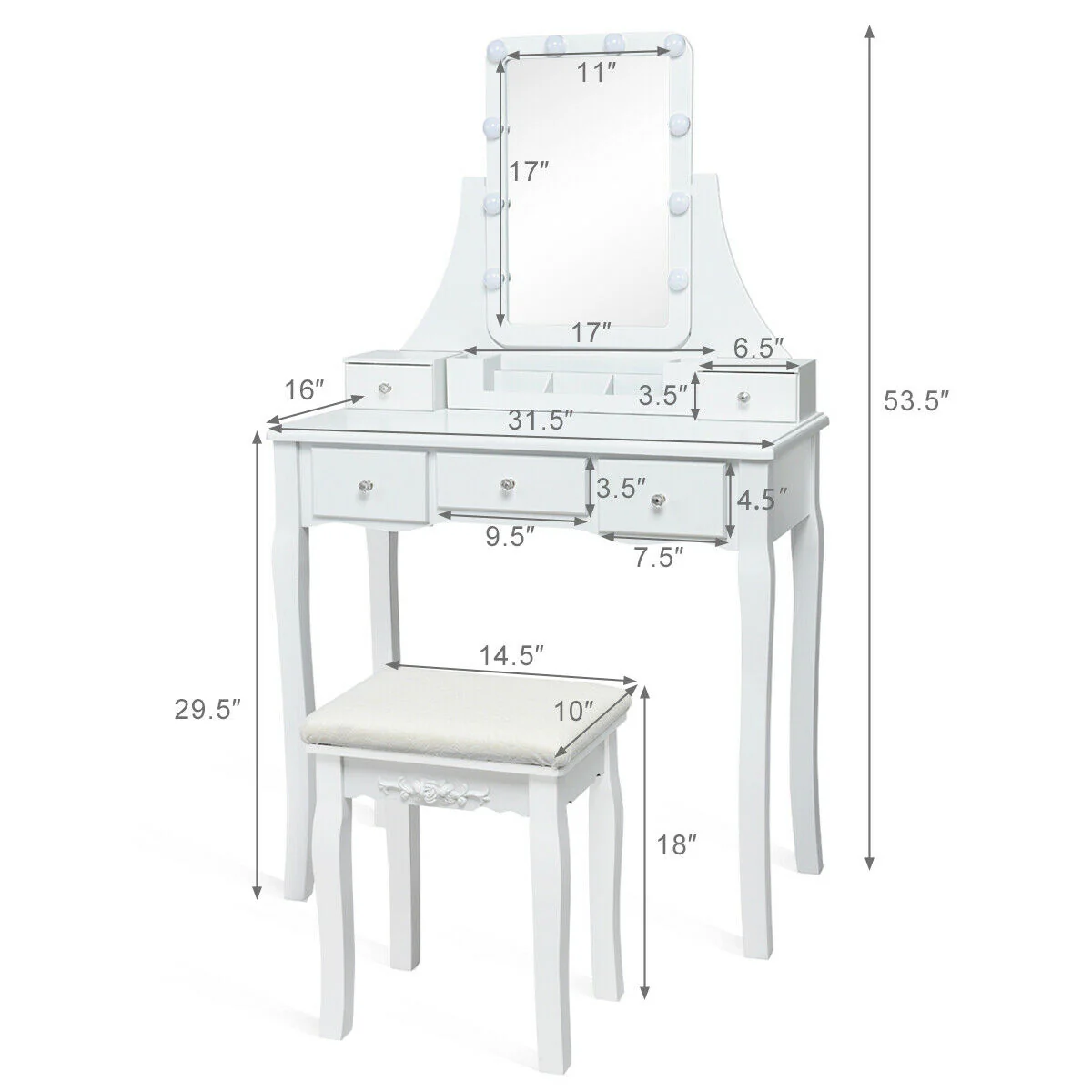 Dimmable Light Bulbs Vanity Dressing Table, 2 Dividers, Cushioned Stool, White - Image 6