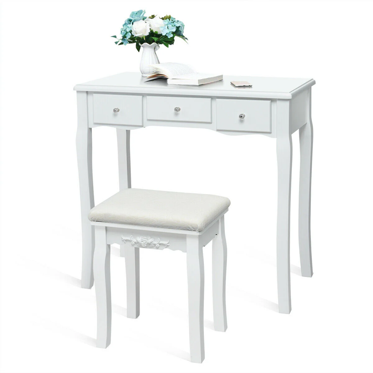 Dimmable Light Bulbs Vanity Dressing Table, 2 Dividers, Cushioned Stool, White - Image 8