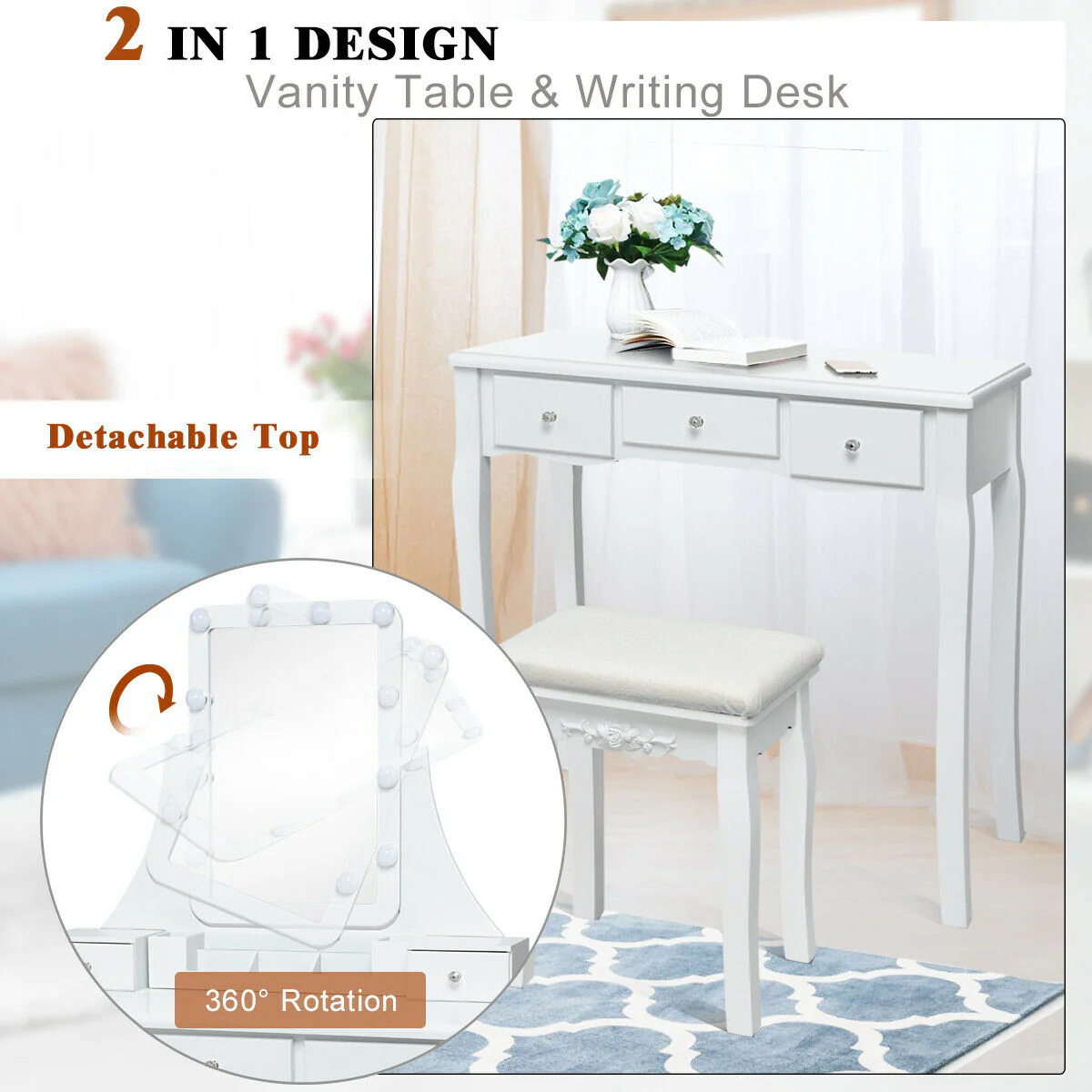 Dimmable Light Bulbs Vanity Dressing Table, 2 Dividers, Cushioned Stool, White - Image 9
