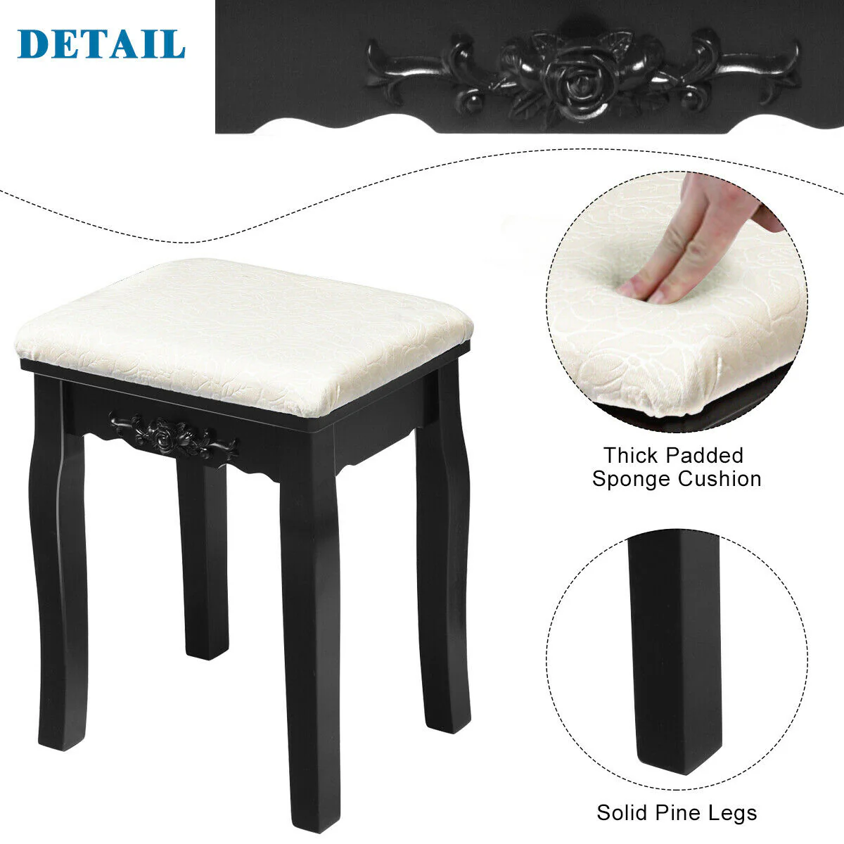 Dimmable Light Vanity Table With Dividers, Cushioned Stool, Black - Image 10