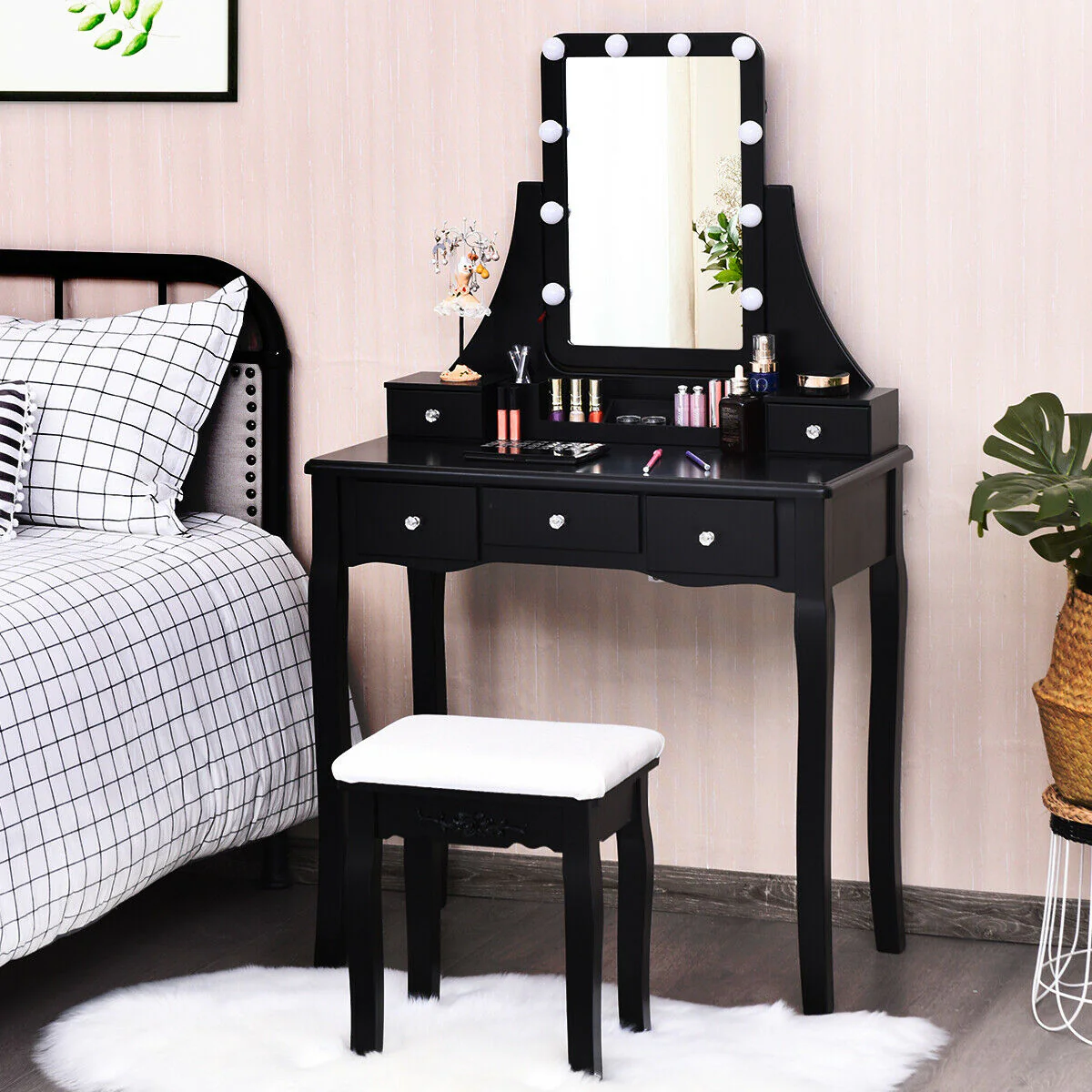 Dimmable Light Vanity Table With Dividers, Cushioned Stool, Black - Image 2