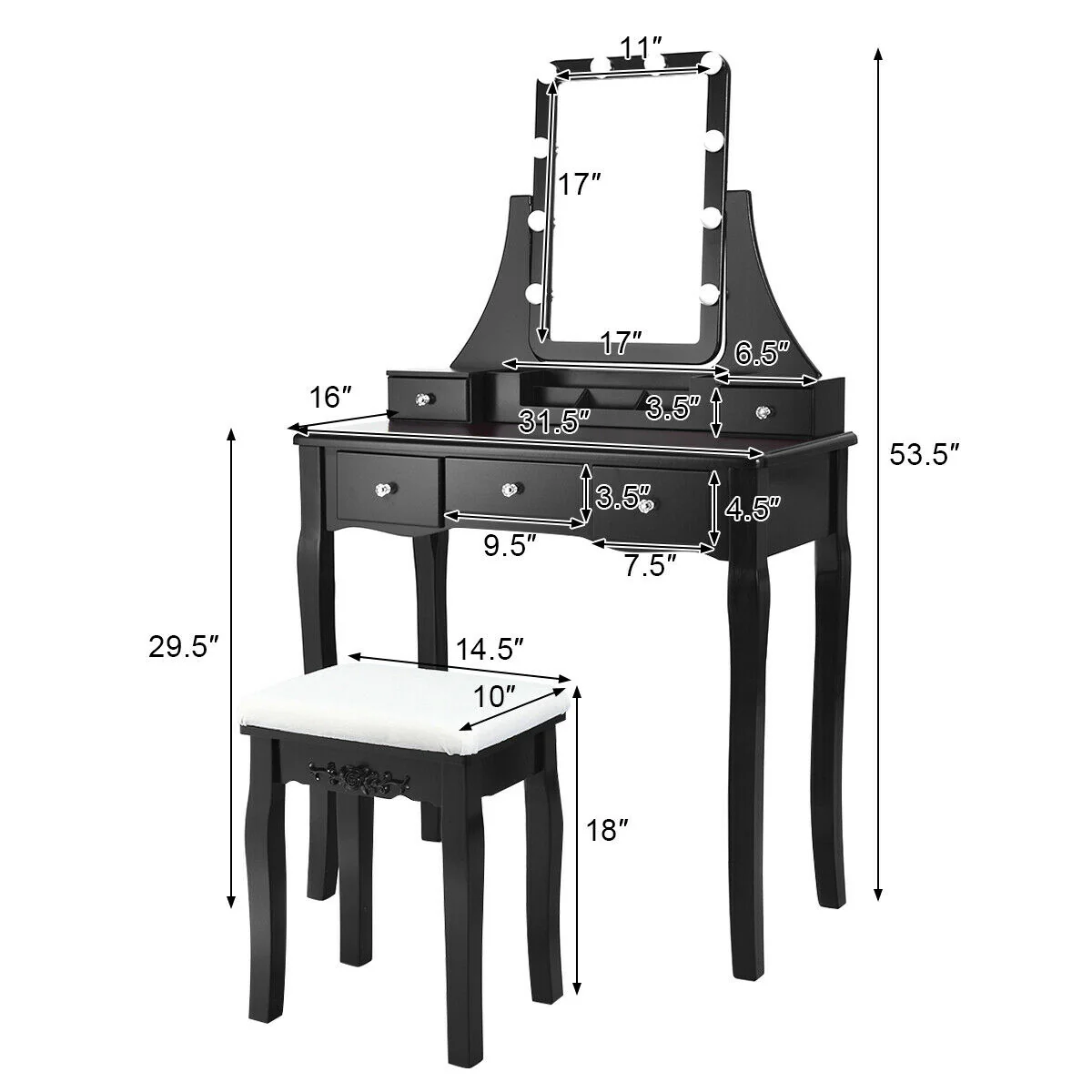 Dimmable Light Vanity Table With Dividers, Cushioned Stool, Black - Image 6