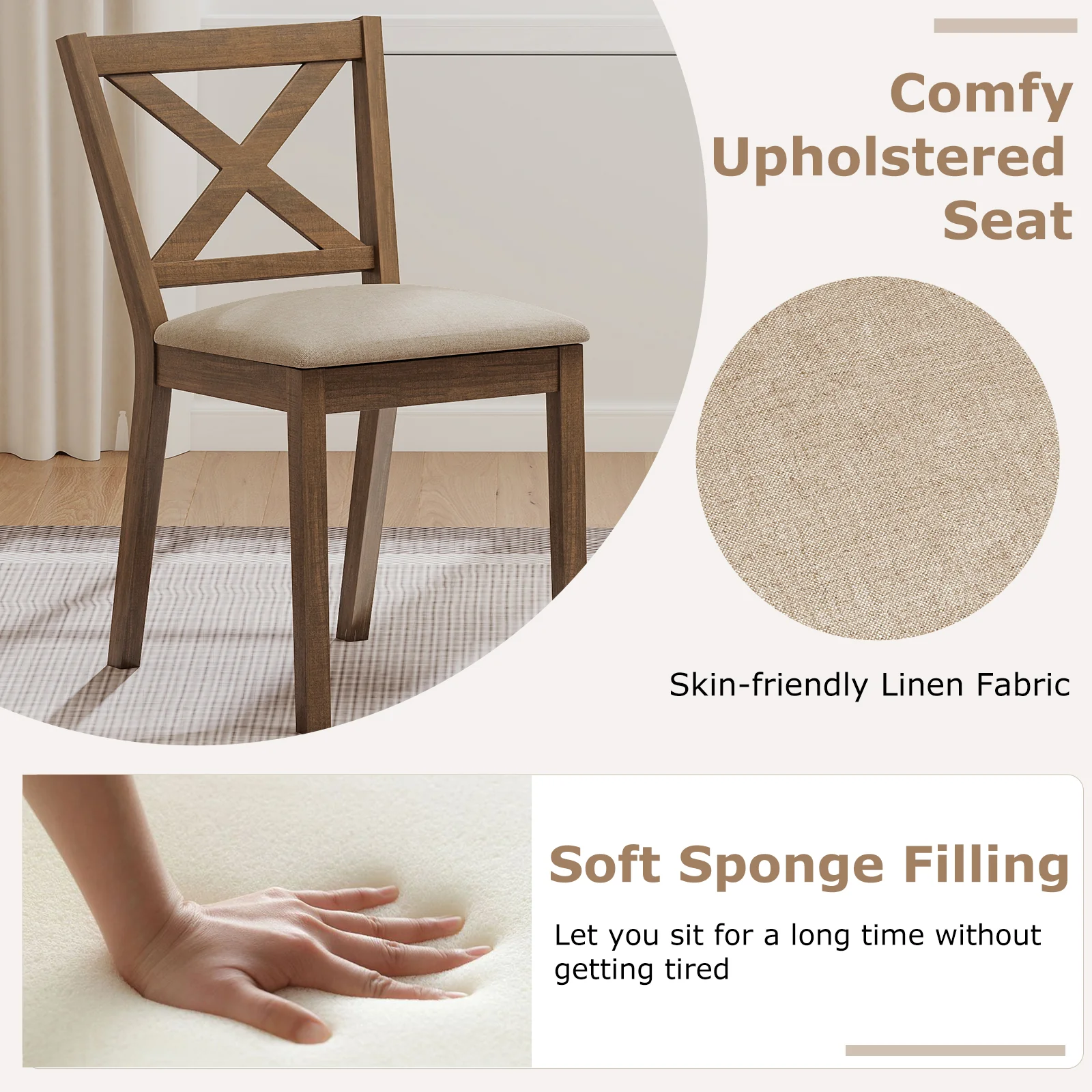 Dining Chair Set of 2 Modern Kitchen Chair with Upholstered Seat, Brown - Image 7