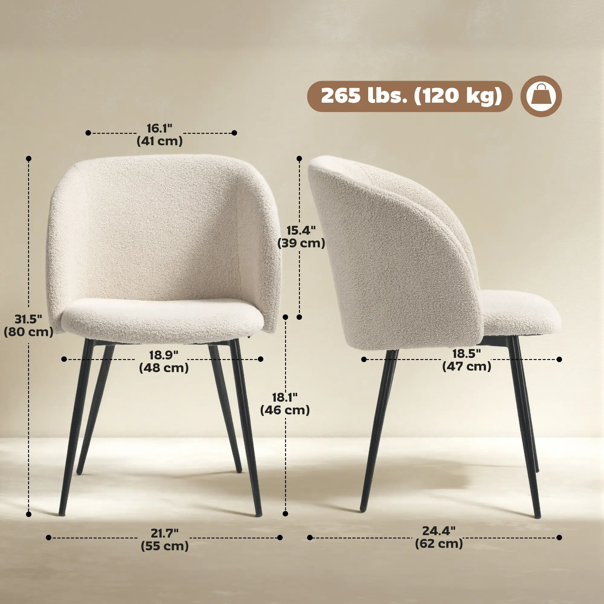 Dining Chairs Set Of 2, Sherpa Fleece Upholstered, Cream White - Image 3