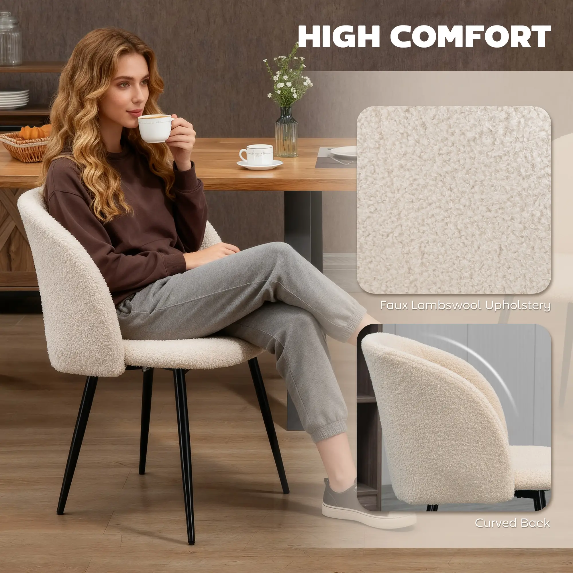 Dining Chairs Set Of 2, Sherpa Fleece Upholstered, Cream White - Image 5
