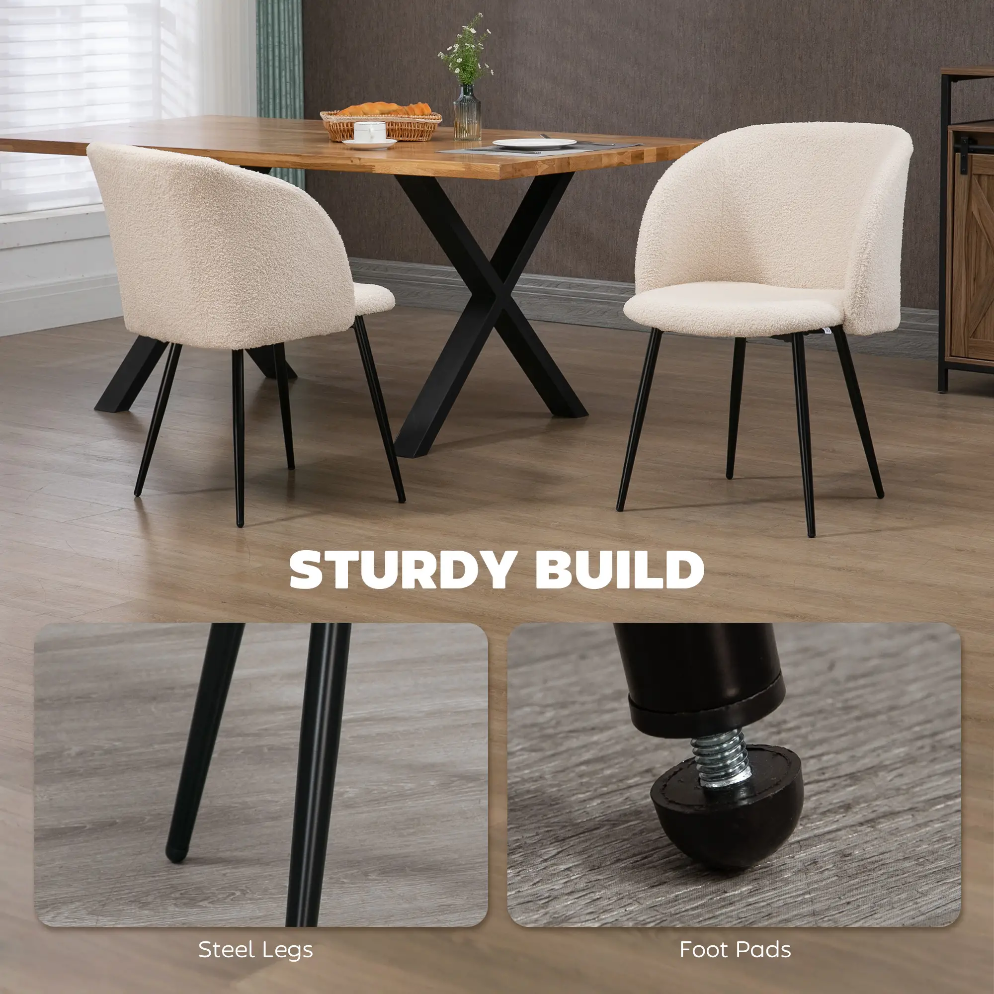 Dining Chairs Set Of 2, Sherpa Fleece Upholstered, Cream White - Image 6