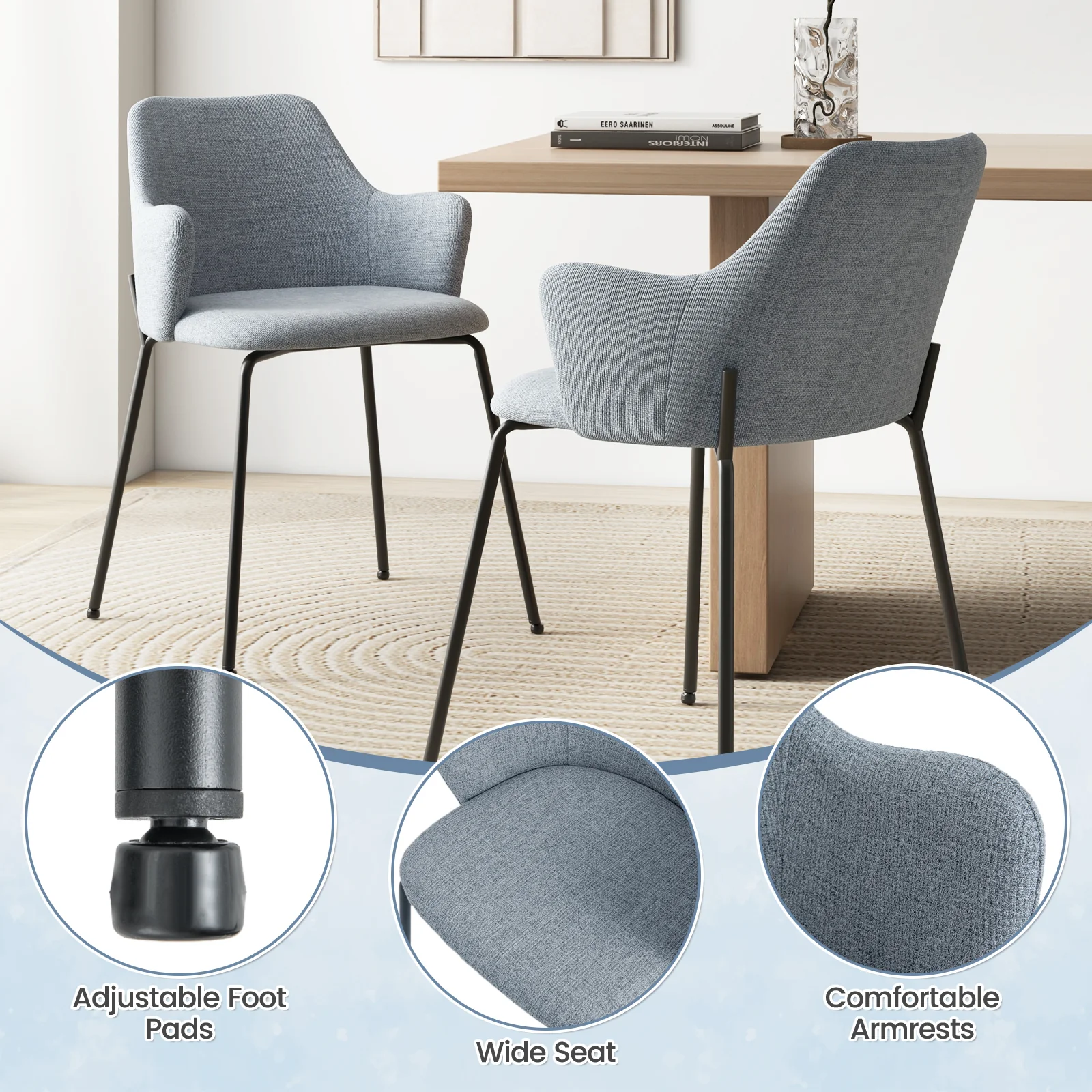Dining Chairs Set of 2, Curved Backrest, Wide Seat, Gray - Image 9