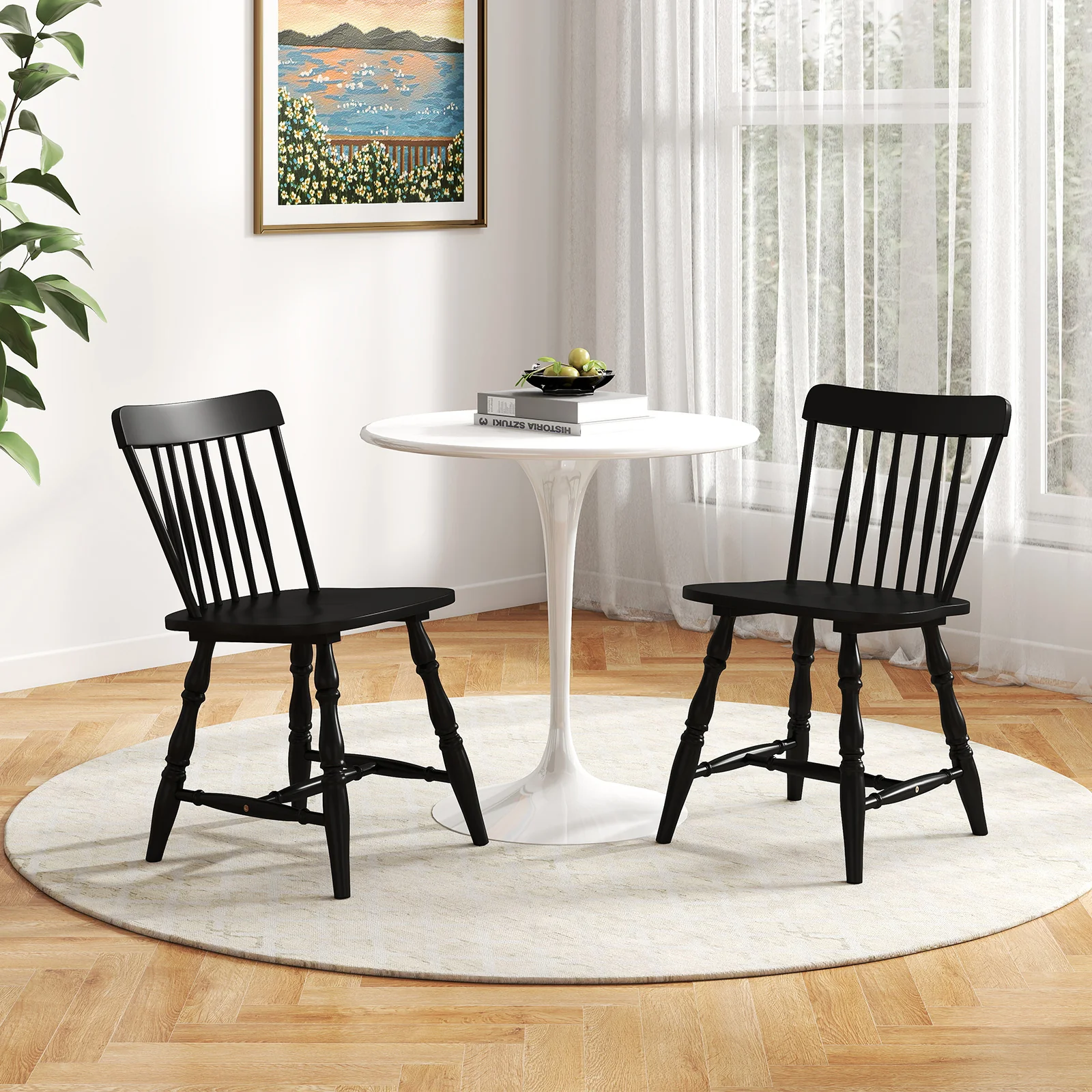 Dining Chairs Set of 2, Curved Spindle Back, Black - Image 2