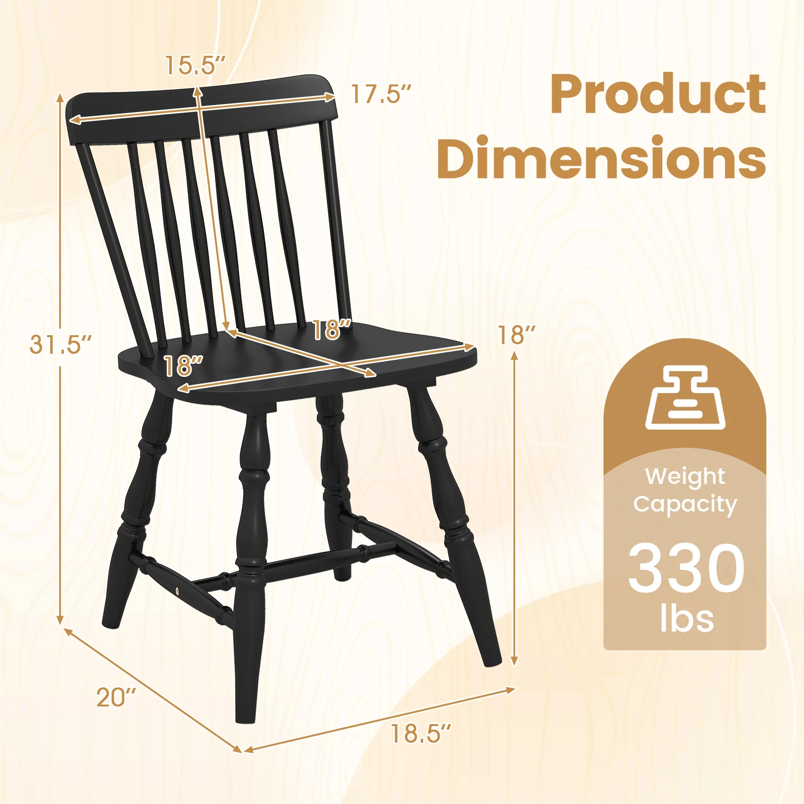 Dining Chairs Set of 2, Curved Spindle Back, Black - Image 4