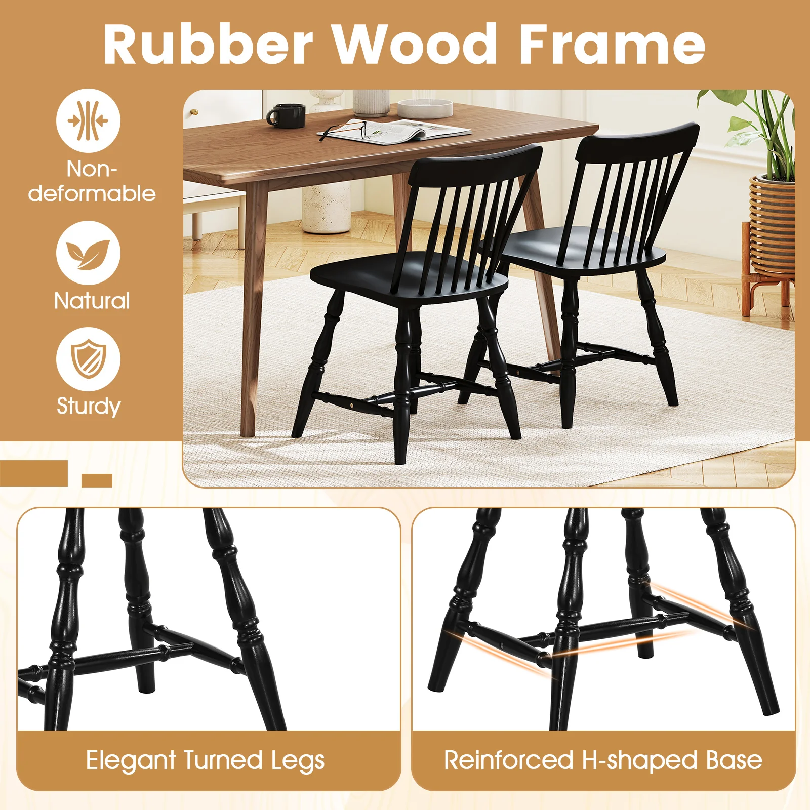Dining Chairs Set of 2, Curved Spindle Back, Black - Image 7