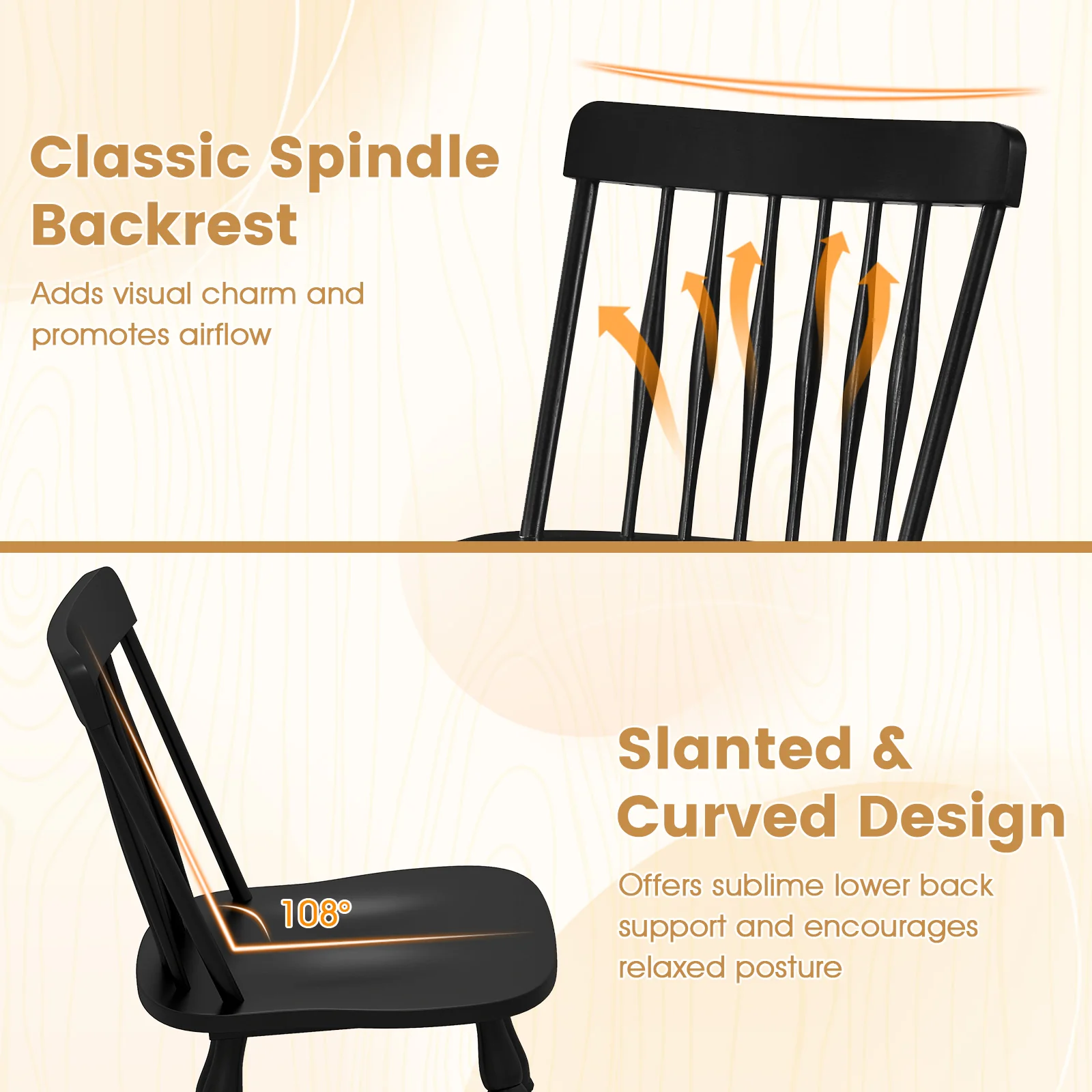 Dining Chairs Set of 2, Curved Spindle Back, Black - Image 8