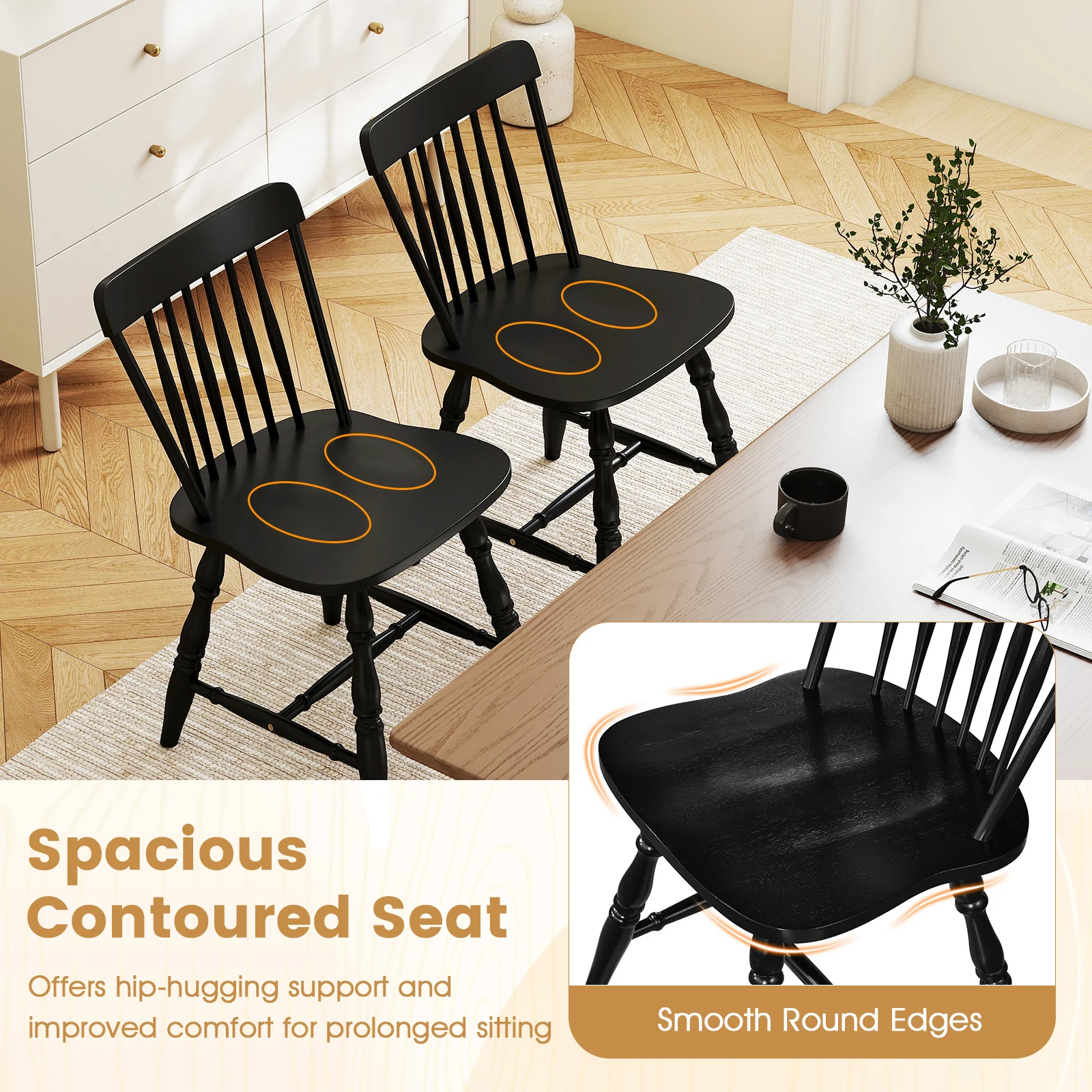 Dining Chairs Set of 2, Curved Spindle Back, Black - Image 9