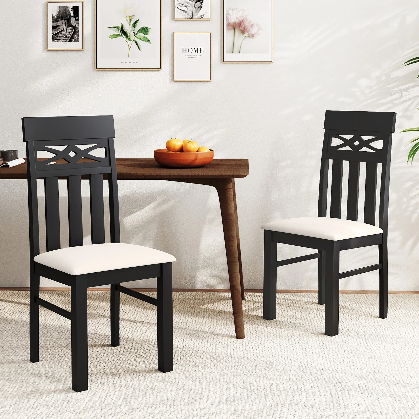 Dining Chairs Set of 2 High Back Dining Room Chairs with Padded Seat and Rubber Wood Frame, Black - Image 2