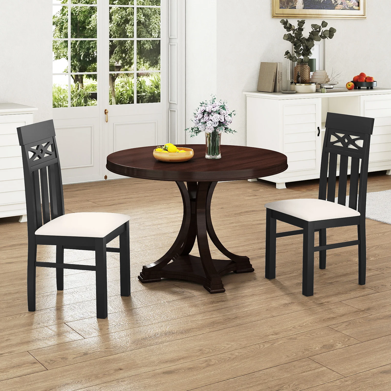 Dining Chairs Set of 2 High Back Dining Room Chairs with Padded Seat and Rubber Wood Frame, Black - Image 3