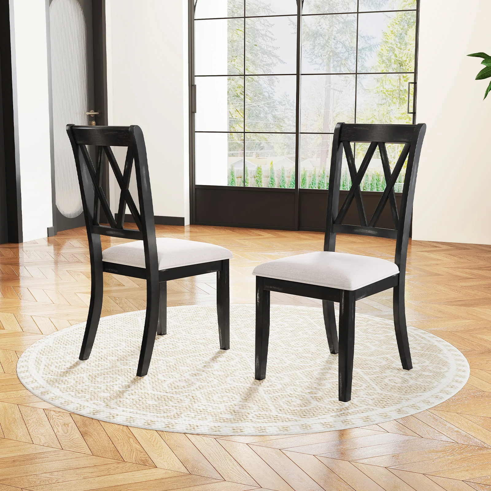 Dining Chairs Set Of 2, Kitchen Side Chairs, Curved Cross Back, Beige - Image 2