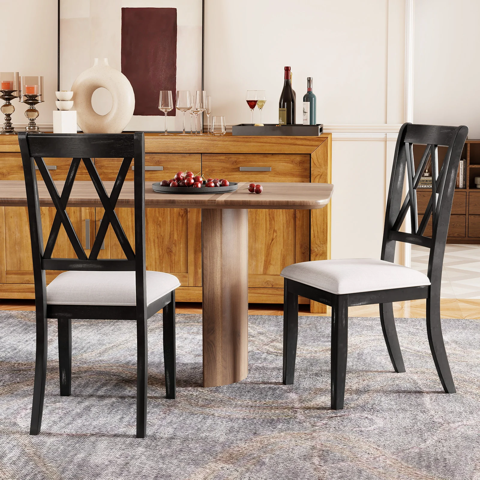 Dining Chairs Set Of 2, Kitchen Side Chairs, Curved Cross Back, Beige - Image 3