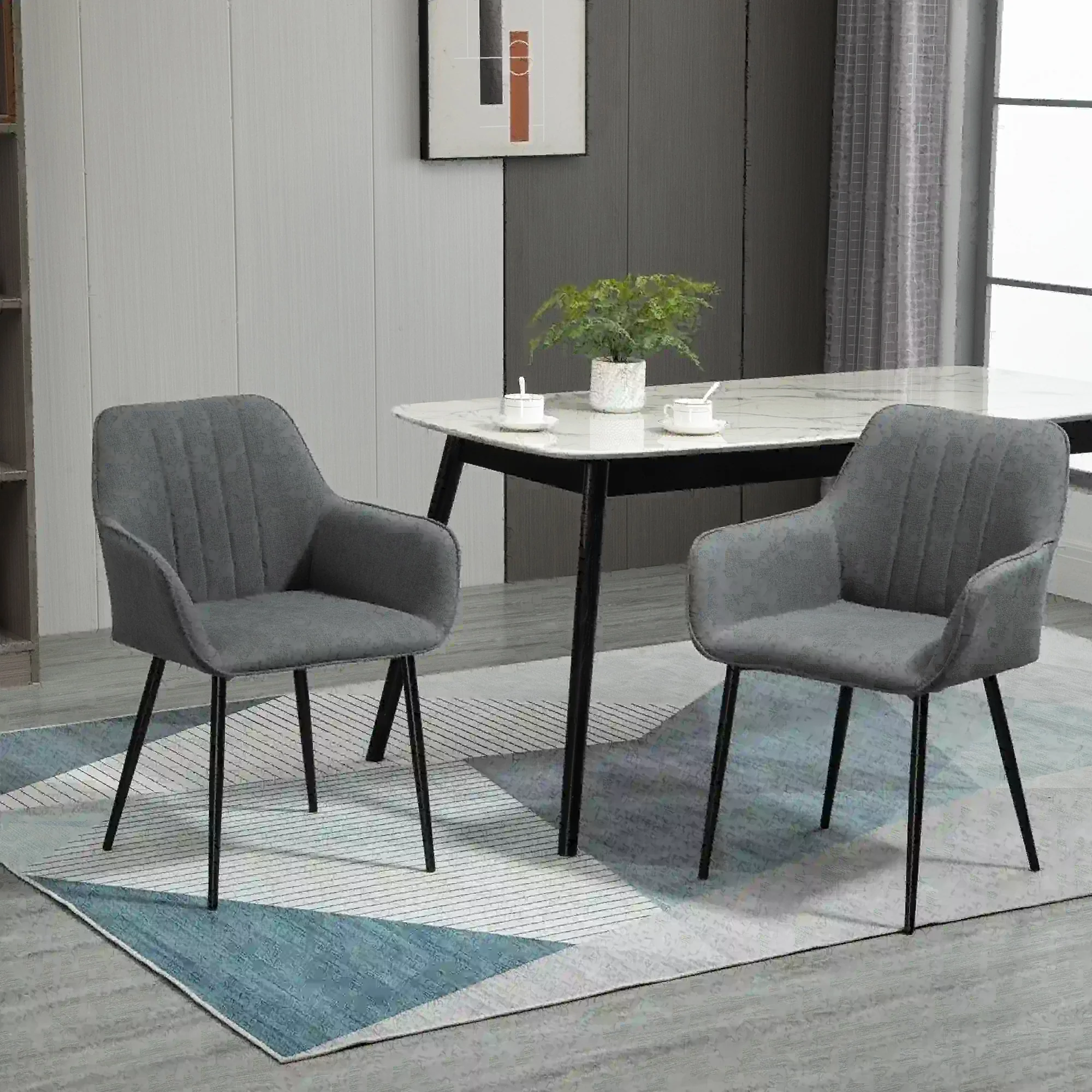 Dining Chairs Set of 2, Linen Upholstery, Metal Legs, Dark Grey - Image 2
