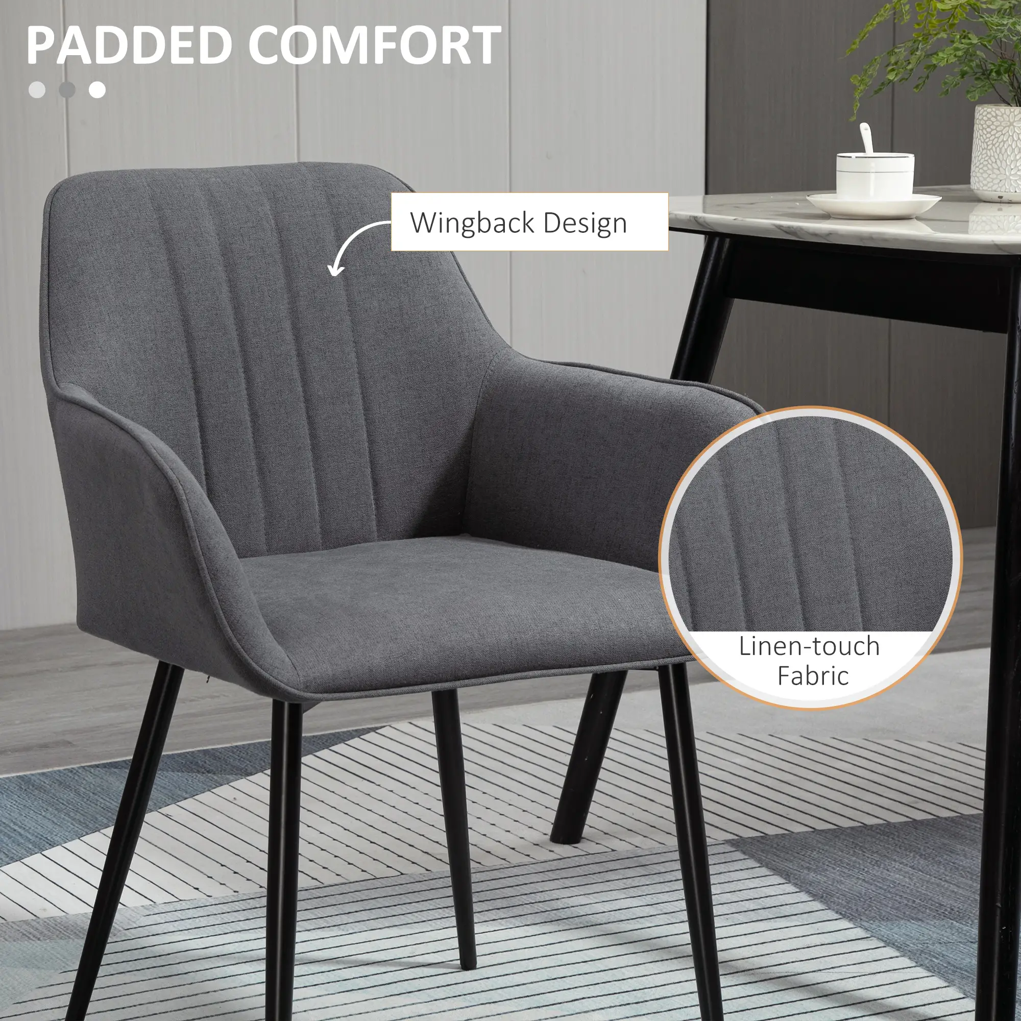 Dining Chairs Set of 2, Linen Upholstery, Metal Legs, Dark Grey - Image 5