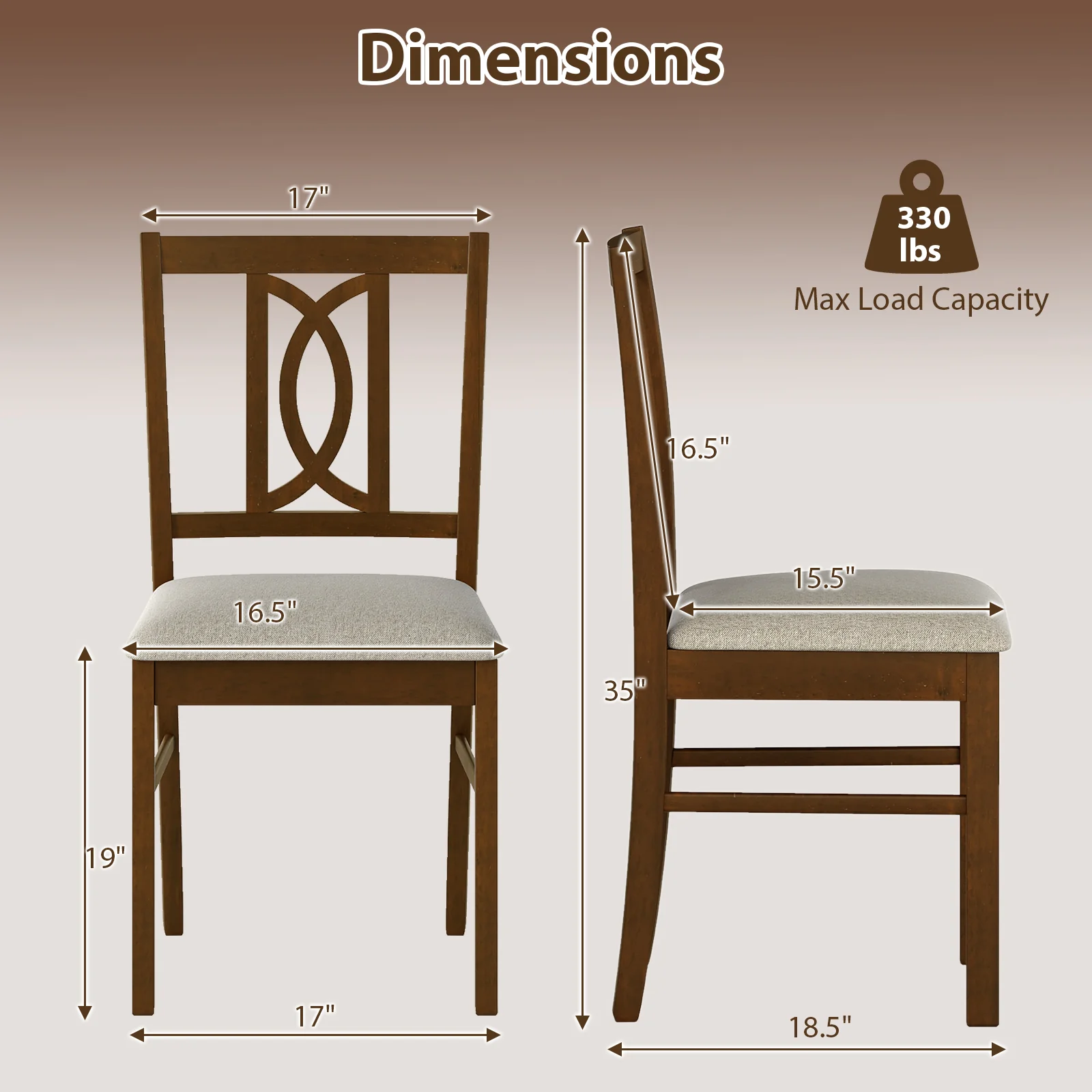 Dining Chairs Set of 2, Rubber Wood, Hollowed Backrest, Walnut - Image 4