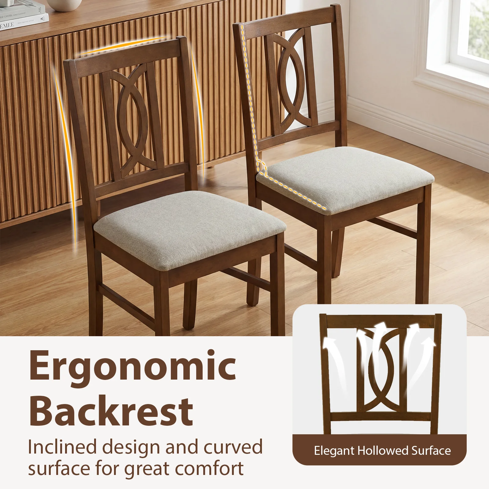 Dining Chairs Set of 2, Rubber Wood, Hollowed Backrest, Walnut - Image 5