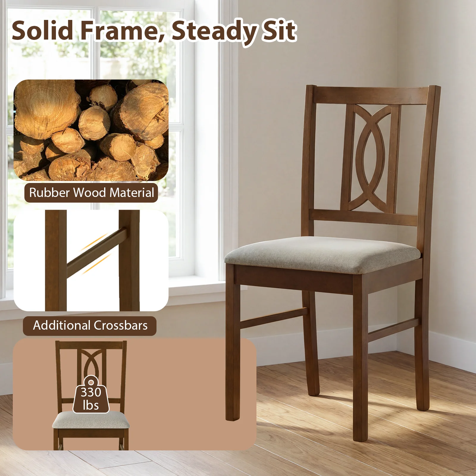 Dining Chairs Set of 2, Rubber Wood, Hollowed Backrest, Walnut - Image 7
