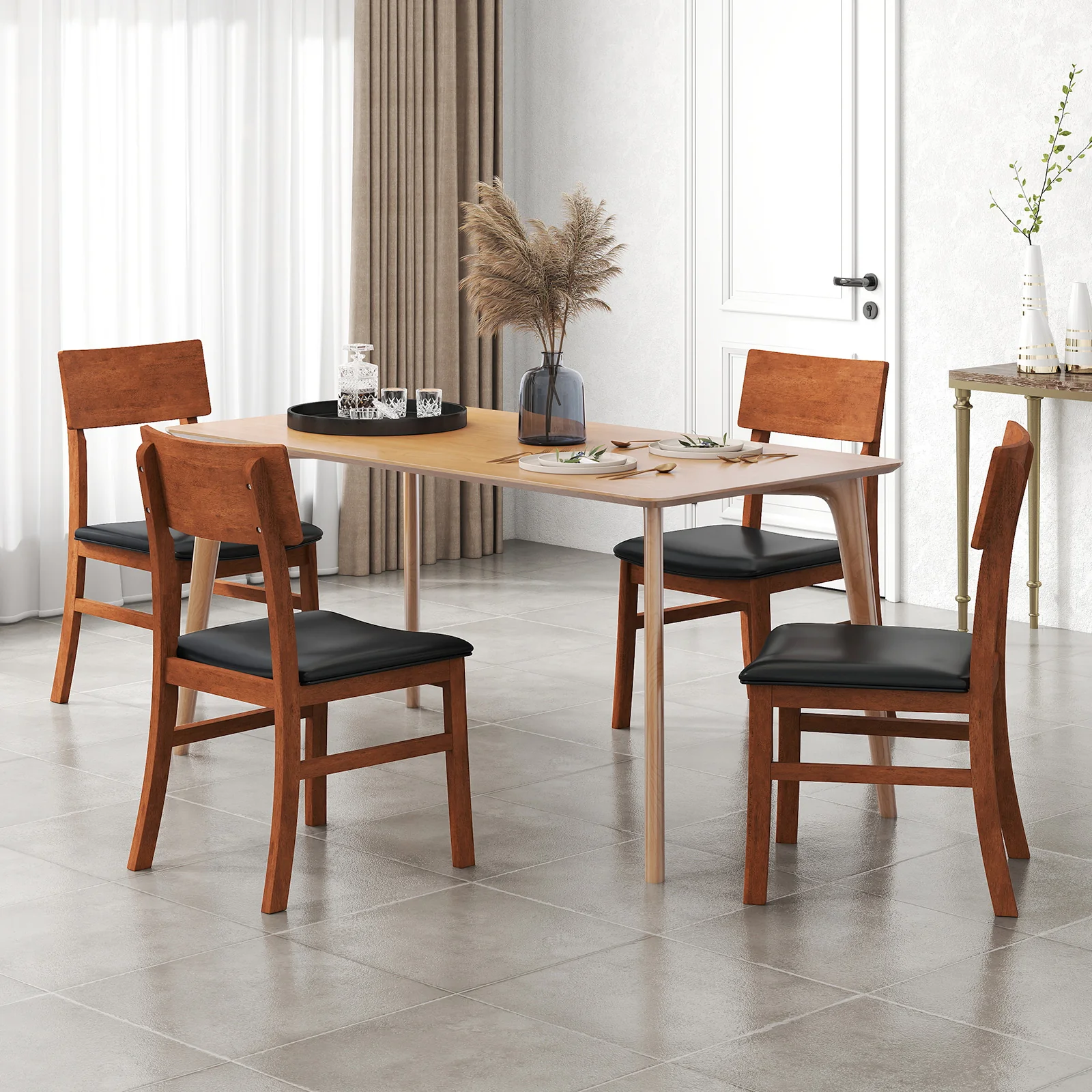 Dining Chairs Set Of 2, Rubber Wood Legs, Faux Leather Seat, Black - Image 7